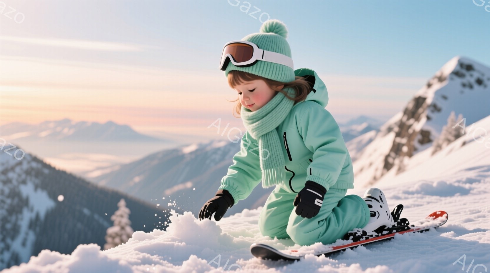 明るい緑色のスキーウェアを着た幼い少女が雪の上にひざまずいて、小さな雪玉を作っています。彼女はニット帽をかぶり、ゴーグルをつけ、雪の中で遊んでいる様子から喜びが伝わってきます。背景には雪を抱いた山々が - AI生成フリー素材