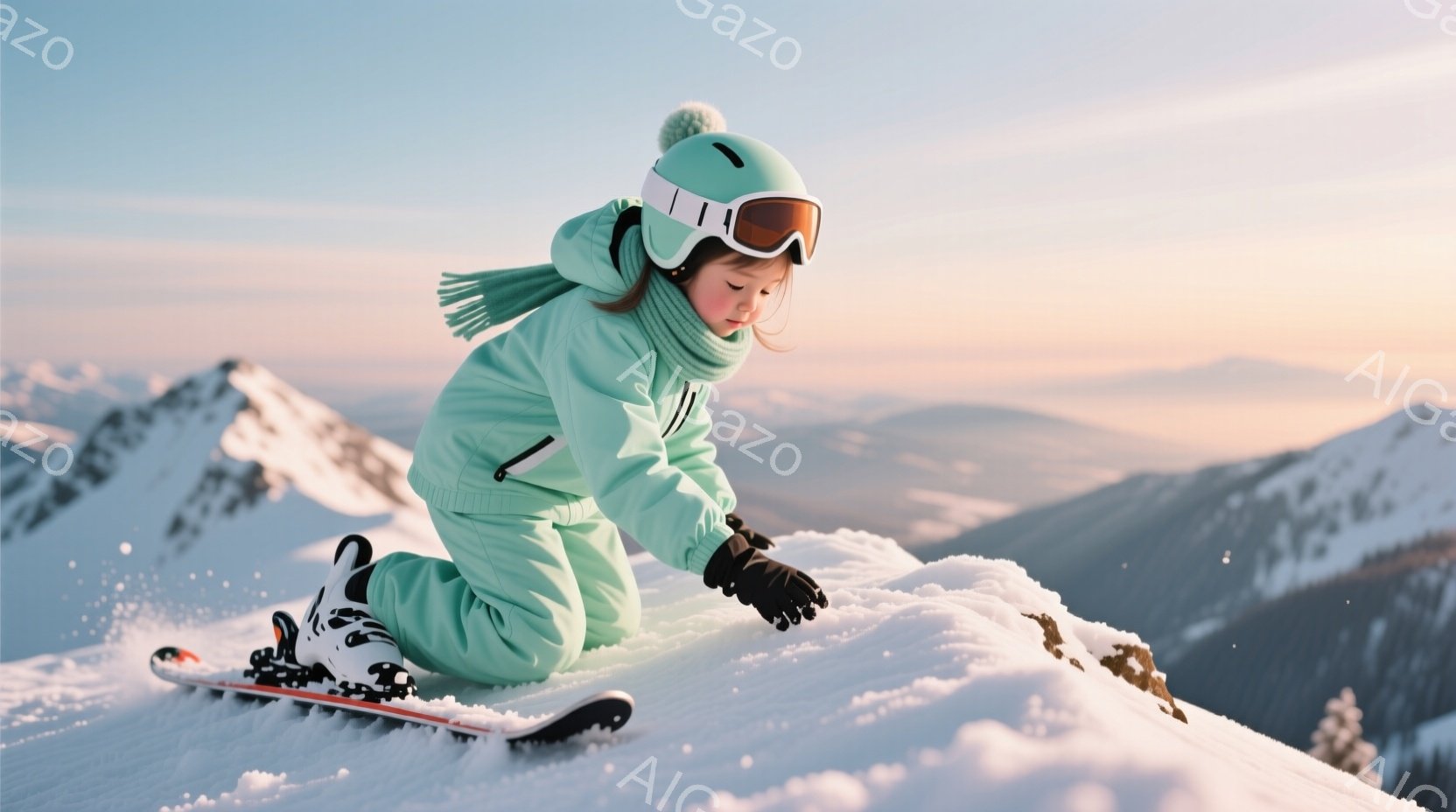 雪山を背景に、緑色のスキーウェアを着た少女がスノーボードに乗って雪の上でバランスを取っています。彼女は黒いヘルメットとゴーグルを着用し、髪は後でポニーテールにまとめられています。背景には雪に覆われた山 - AI生成フリー素材