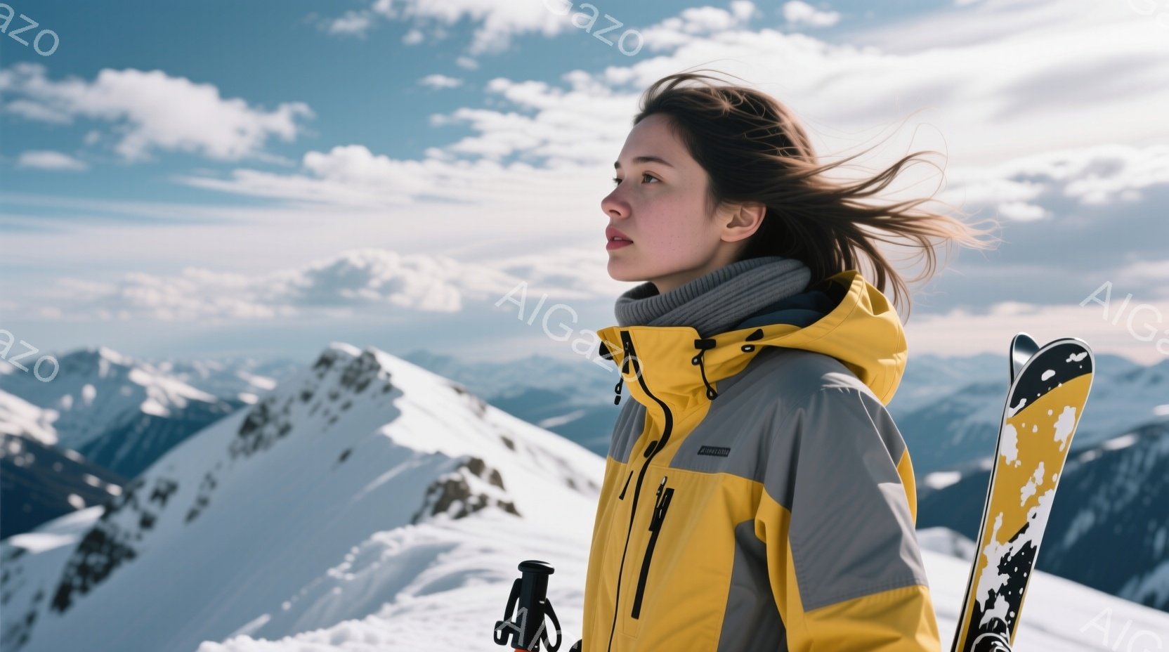 雪山を背景に、黄色とグレーのスキーウェアに身を包んだ女性が描かれている。風になびく髪と、遠くを見つめる表情から、自然の中での自由な雰囲気が伝わってくる。スキー板が肩にかけられ、雪景色が広がる山頂で、静かで力強い印象を与えている。