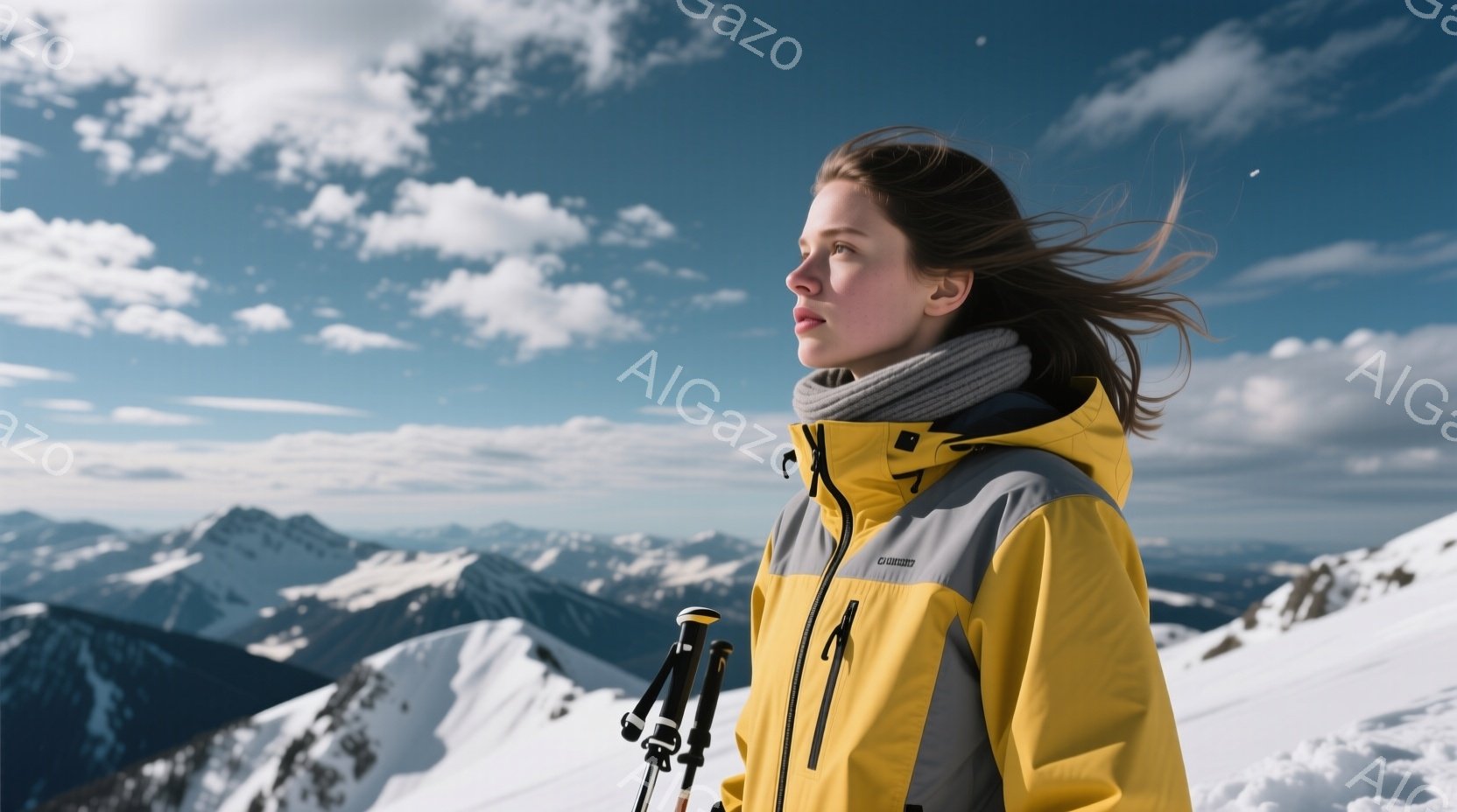 雪山を背景に、黄色とグレーのスキーウェアを着た女性が写っている。彼女は風になびくロングヘアを持ち、遠くを見つめる真剣な表情をしている。背景には雪をまとった山々が広がり、晴天の中に凛とした雰囲気が漂っている。