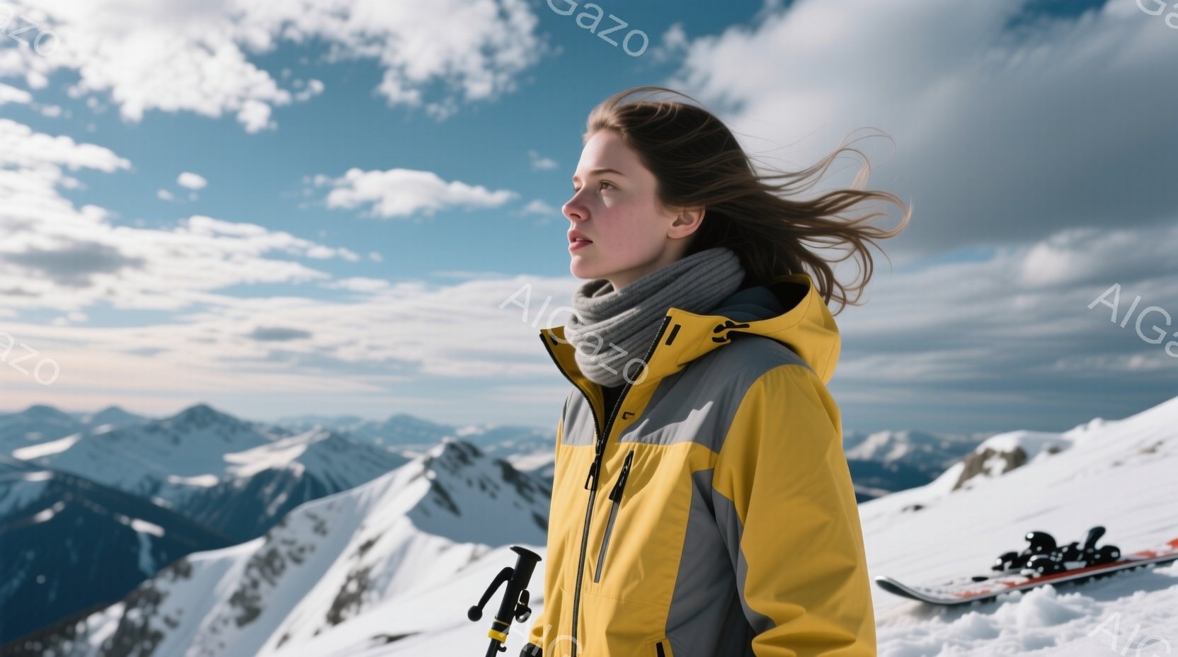 吹雪の中、黄色とグレーのウィンタージャケットを着た女性が、風になびく髪を抱えながら遠くを見つめている。彼女はトレッキングポールを持ち、雪に覆われた山頂に立っており、背景には他の雪山が連なっている。全体的に、静寂でありながら力強い自然の風景と、それに溶け込む女性の姿が印象的である。