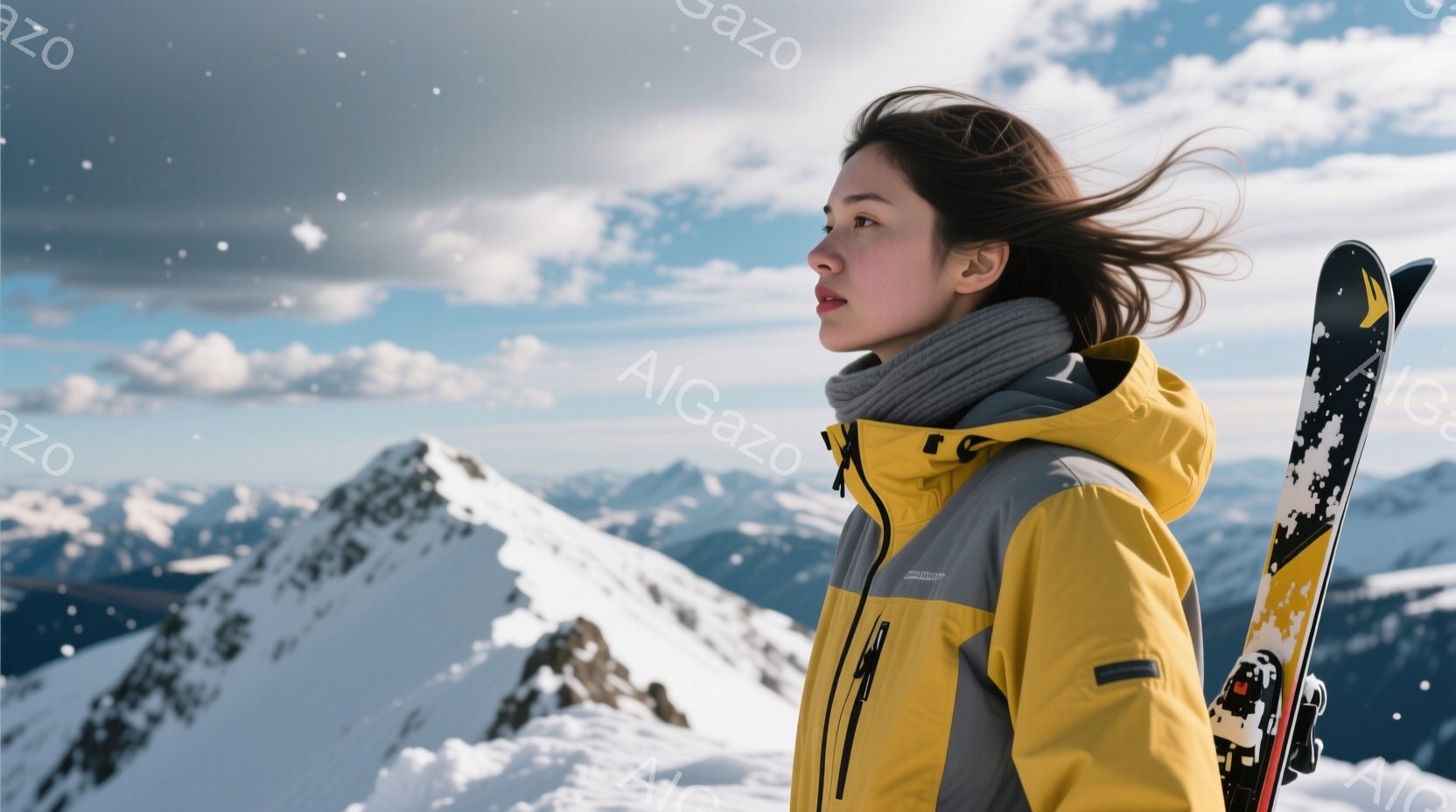 雪山を背景に立つ女性が写っています。彼女は黄色とグレーのスキーウェアに、ボリュームのあるマフラーを巻き、風になびく長い髪をしています。彼女は遠くを見つめ、決意に満ちた表情で、雪景色の中に凛と佇んでいます。