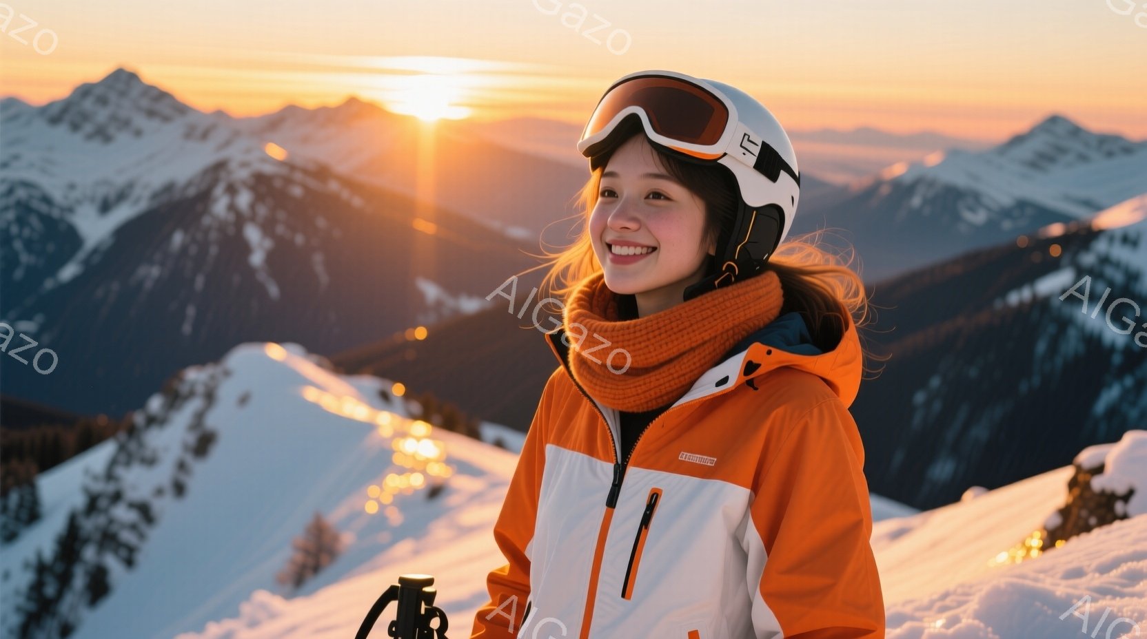 雪山を背景に、オレンジと白のスキーウェアに身を包んだ女性が写っています。彼女はヘルメットとゴーグルを着用し、顔には明るい笑顔が浮かんでいます。背景には雪をまとった山々が連なり、夕焼け空が暖かく、晴れや - AI生成フリー素材