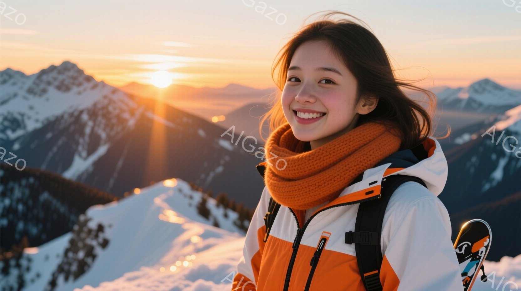 彼女はオレンジと白のスキーウェアにオレンジ色のネックウォーマーを巻き、笑顔でカメラを見ている。背景には雪山が広がり、夕焼けのオレンジ色の光が山肌を照らしている。スキー板がわずかに見えることから、スキー - AI生成フリー素材