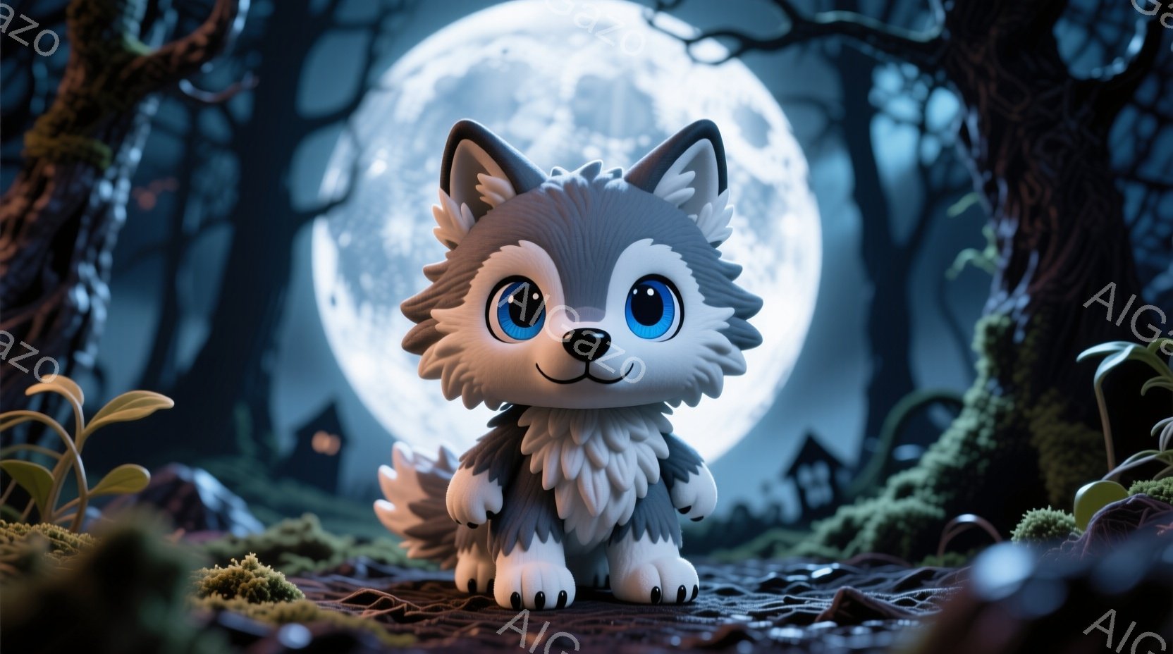 白と灰色の毛並みをした小さな子犬が、苔むした地面に座ってこちらを見ています。背景には、ねじれた木々が生い茂り、ぼんやりとした満月が輝く夜の森が広がっています。全体的に幻想的で可愛らしい雰囲気で、どこか神秘的な夜の森の情景が表現されています。