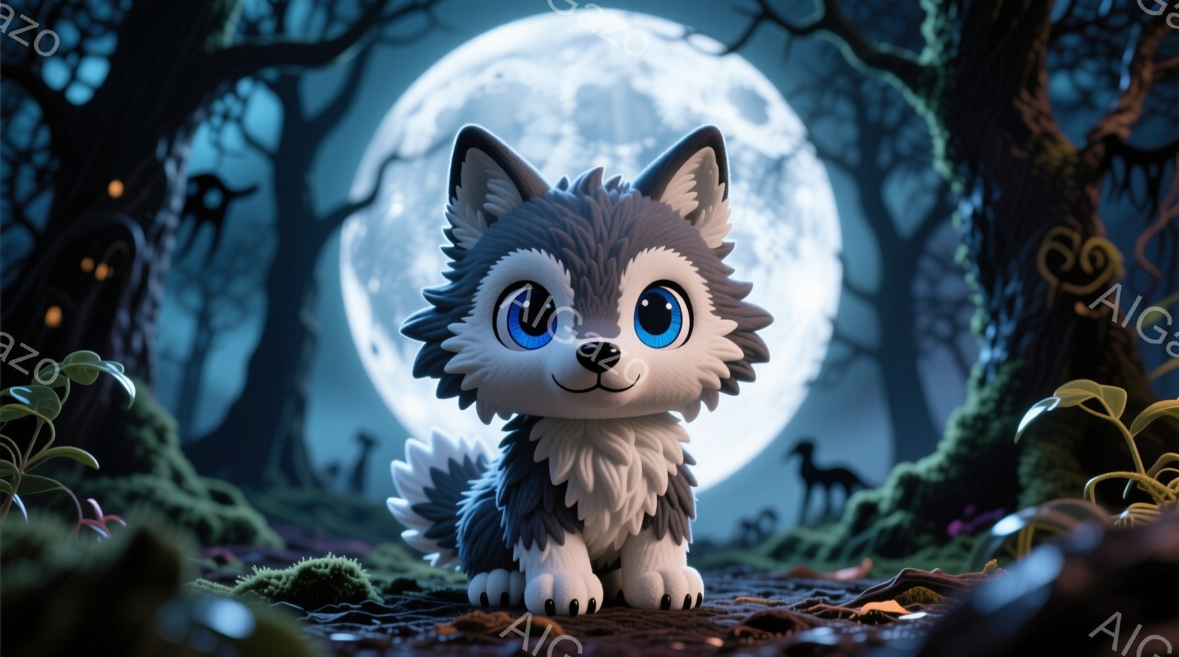 かわいい子犬が緑豊かな森の中で正面を見つめています。大きな丸い目は明るい青色で、表情は無邪気で愛らしいです。背景には、シルエットで描かれた木々や動物、そして満月が夜空に輝き、神秘的で幻想的な雰囲気を醸し出しています。