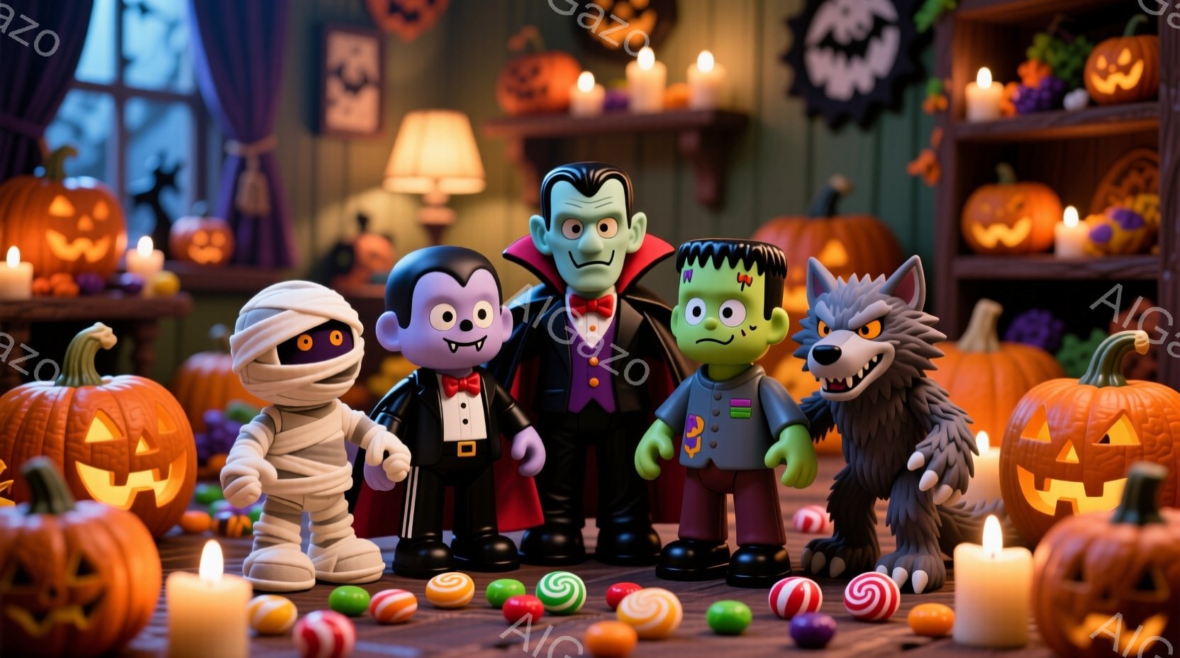 ミイラ、ドラキュラ、フランケンシュタイン、狼男の4人のモンスターが、ハロウィーンの飾り付けがされた部屋に集まっている様子を捉えています。それぞれが特徴的な衣装を身に着け、楽しそうな表情をしています。背景にはたくさんのジャック・オ・ランタンやハロウィーンの飾りがあり、全体的に暖かく、楽しい、お祭り気分を表現しています。