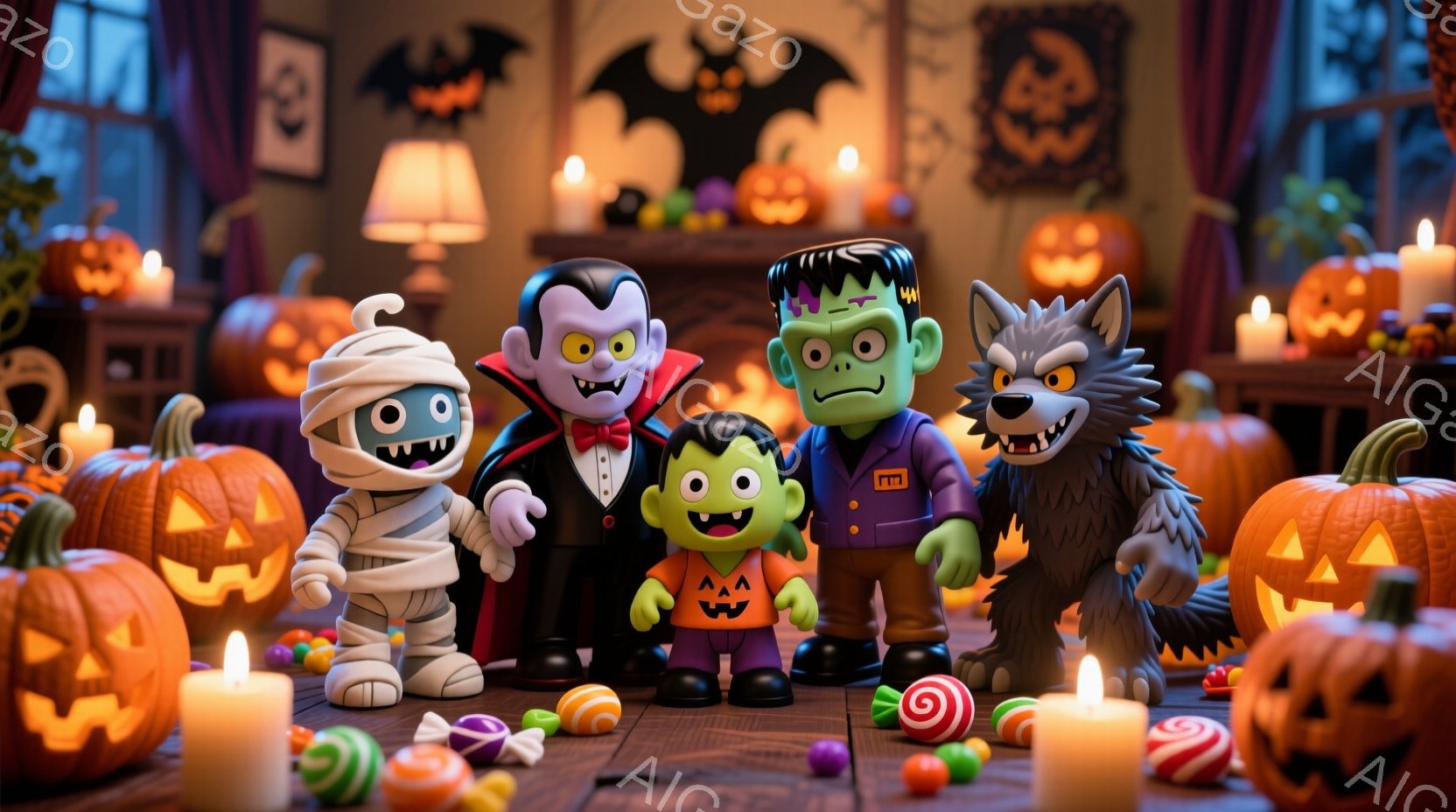 ハロウィーンの装飾に囲まれた、おもちゃのようなモンスターたちが一列に並んでいます。ドラキュラは黒いスーツと赤いマント、フランケンシュタインは緑色の肌とボルト、オオカミ男は毛皮のコートを着ており、それぞれ特徴的な表情をしています。背景にはカボチャ、ろうそく、お菓子が散りばめられ、お祭り騒ぎの楽しい雰囲気を醸し出しています。