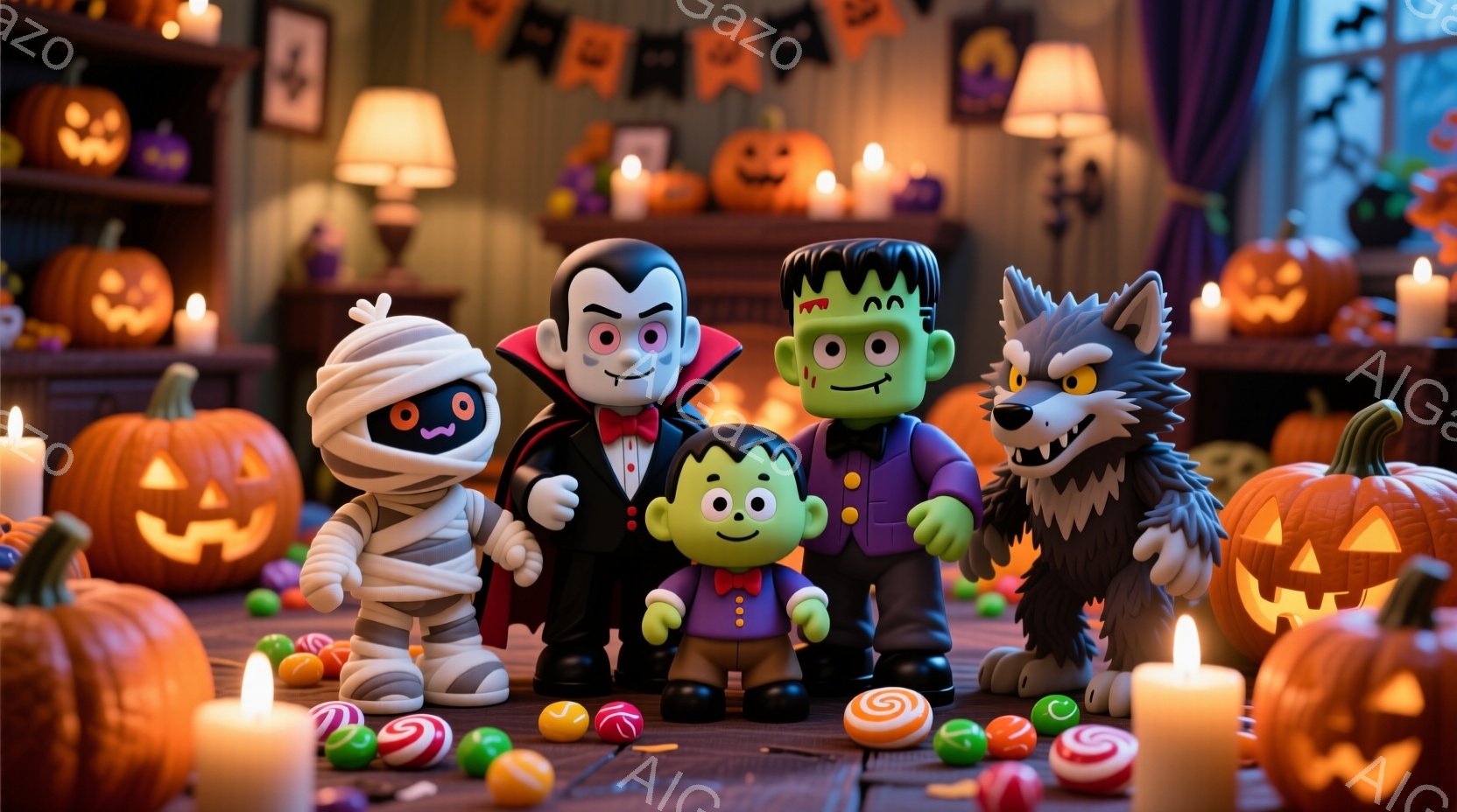 ハロウィーンのキャラクターたちが、オレンジ色のカボチャやろうそくで飾られた部屋に集まっています。ミイラ、吸血鬼、フランケンシュタイン、狼男、そして小さな男の子のキャラクターたちは、それぞれ特徴的な衣装を着ており、楽しそうな表情を浮かべています。背景には、ハロウィーンの飾り付けが施された壁と、暗い雰囲気を作り出す照明が見られます。