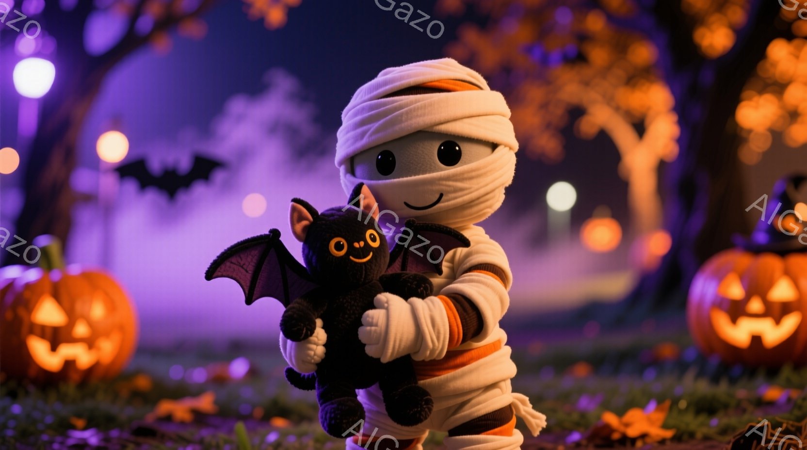 包帯でミイラのように巻かれた小さな子供が、黒いコウモリのぬいぐるみを抱きしめて立っています。背景には、明るく照らされたジャック・オ・ランタンと、霧のかかった木々が見え、落ち葉が散らばる暗い夜の雰囲気を作り出しています。 全体的に、ハロウィーンらしい、少し不気味で愛らしい雰囲気です。