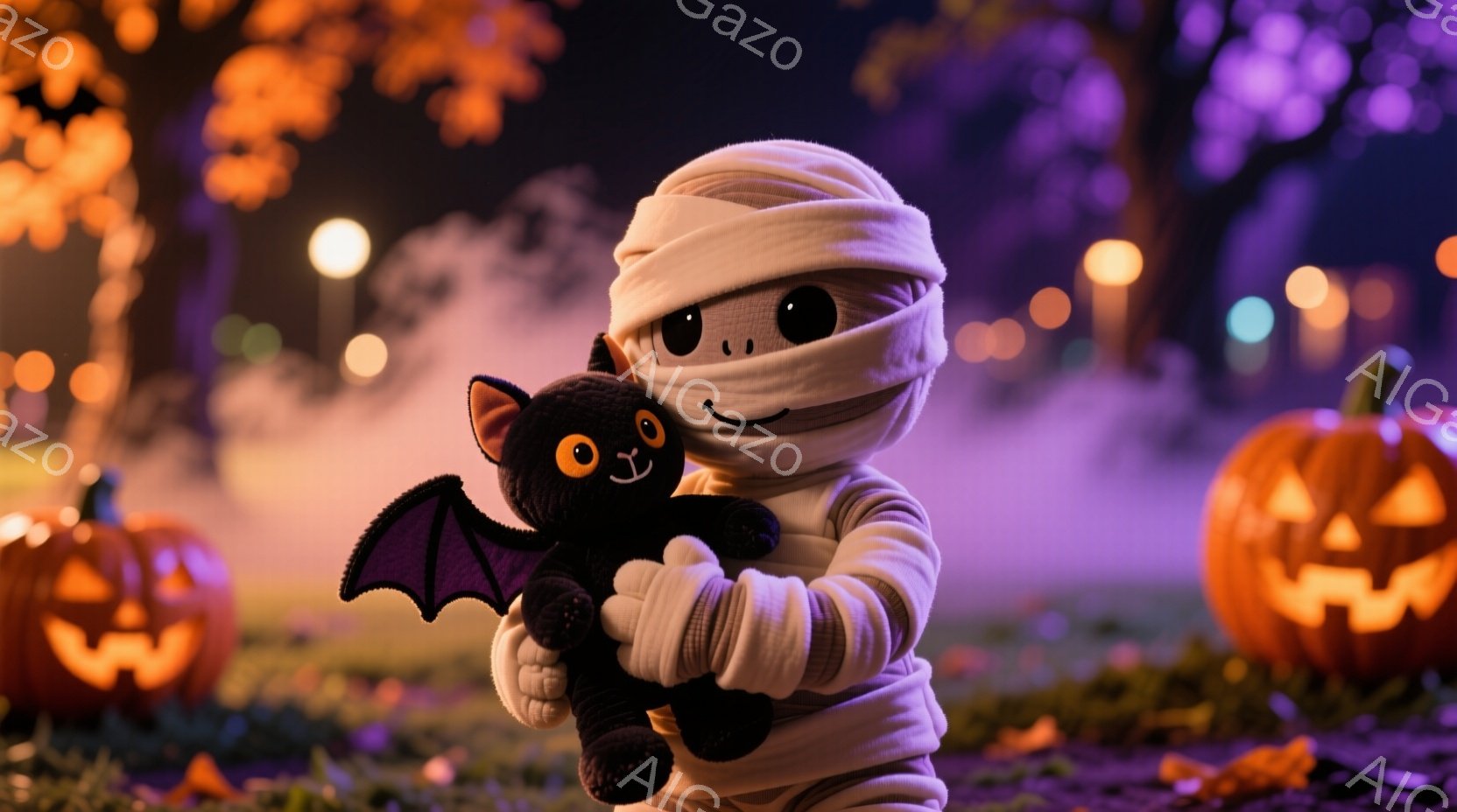 ハロウィーンの衣装を着た幼い子どもが、黒いコウモリのぬいぐるみを抱きしめています。子どもは白い包帯で全身を覆われたミイラの格好をしており、表情ははっきりと見えませんが、楽しそうな雰囲気が伝わってきます。背景には、オレンジ色に光るジャック・オー・ランタンやぼんやりとした木々が見え、ハロウィーンの夜の幻想的な雰囲気を醸し出しています。
