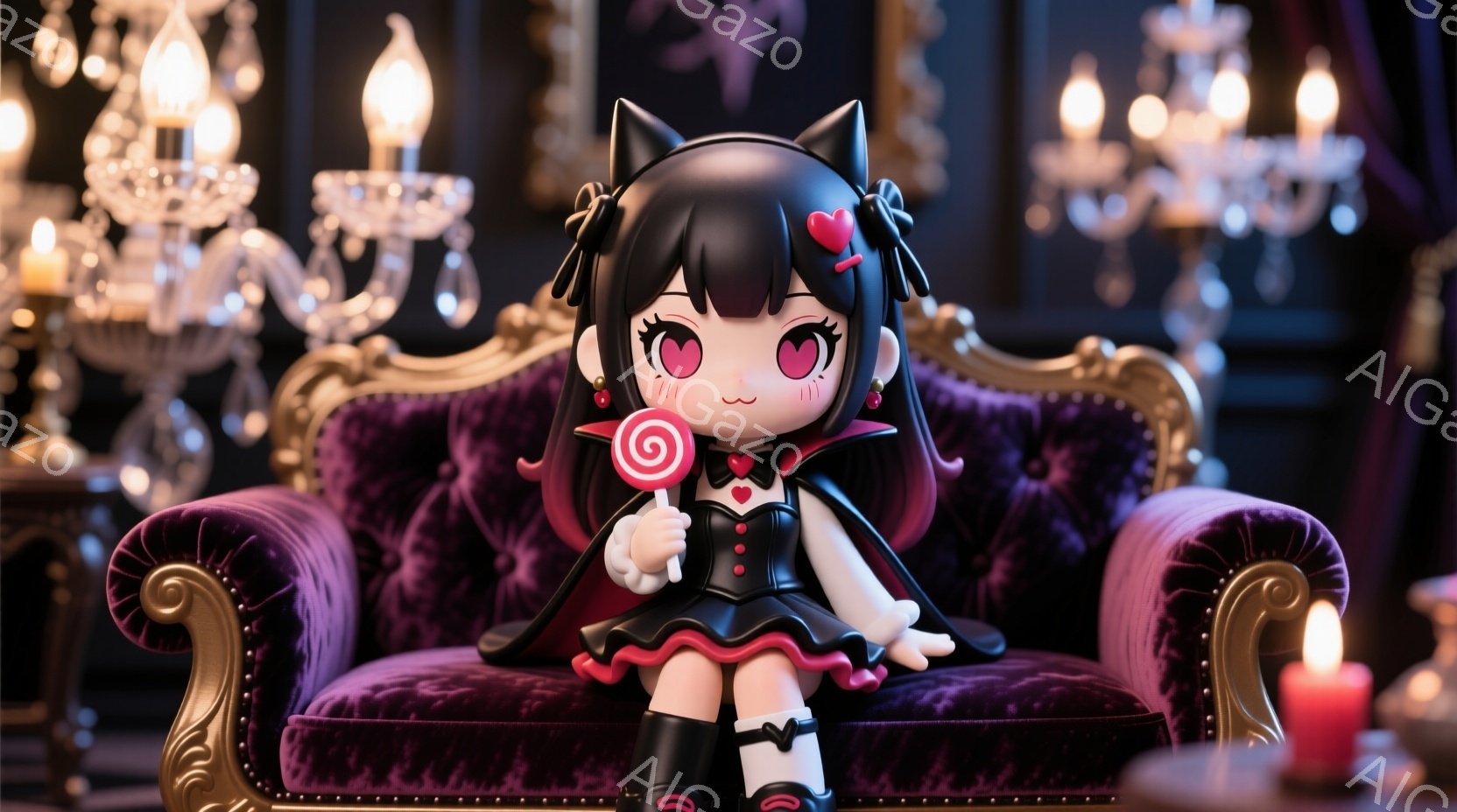 小さな女の子が、紫色のベルベットの肘掛け椅子に座っています。彼女は黒いドレス、赤いリボン、そしてコウモリの翼を身につけ、大きな瞳と赤い頬が特徴的です。背景には燭台とろうそくが置かれ、少し不気味でありながらも可愛らしい雰囲気を作り出しています。