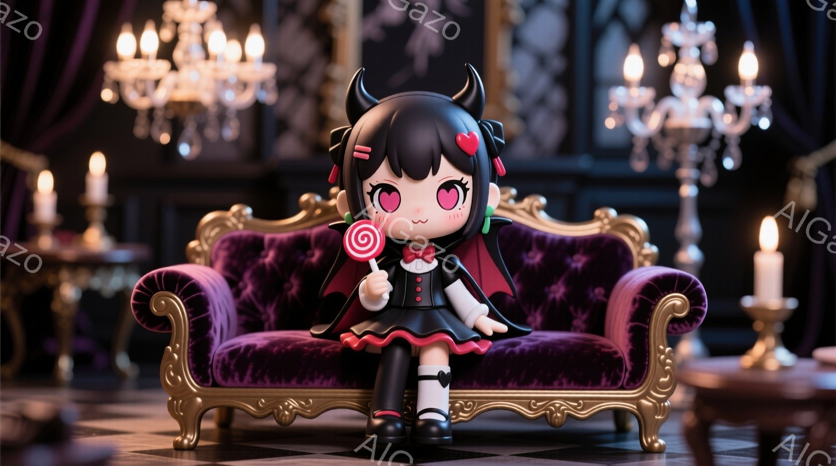 小さな女性が豪華な紫色のベルベットのソファに座っており、黒いドレス、白い襟、赤いリボンで飾られています。彼女は大きな瞳と可愛らしい笑顔で、手には渦巻き模様のキャンディーを持っています。背景には、装飾的なシャンデリアやキャンドルが置かれた、落ち着いた雰囲気の部屋が広がっています。