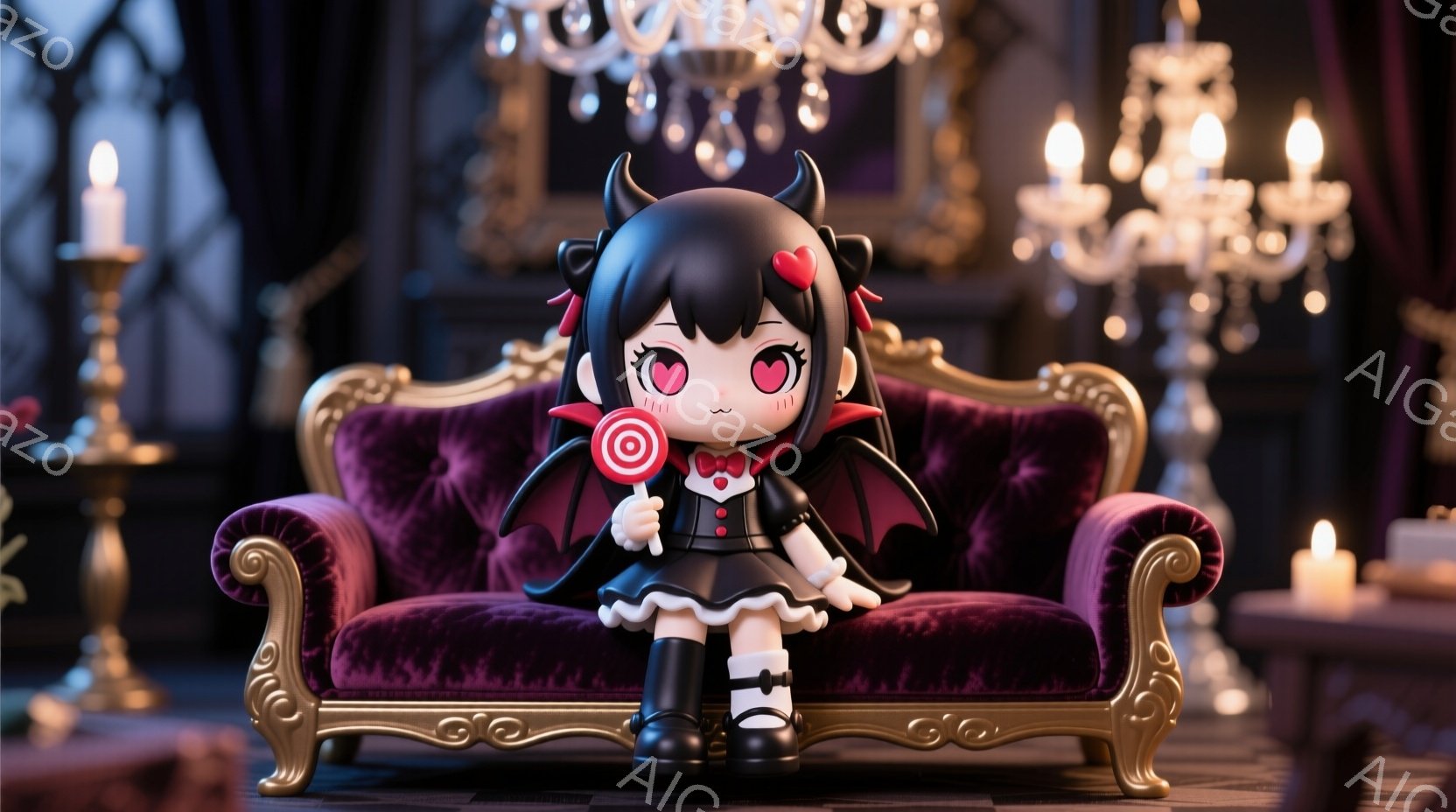 小さな女性のキャラクターが、豪華な紫色のベルベットのソファーに座っています。彼女は黒いドレス、白いエプロン、太もも丈の靴下を着用し、赤い小さな角と黒い髪で装飾されています。背景には、装飾的な家具やキャンドルが配置され、クラシックな雰囲気の中で彼女がキャンディを持っています。