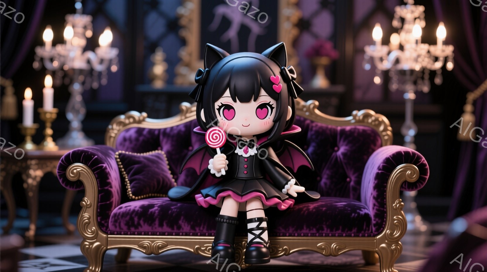 黒髪の小さな女の子が、紫色のベルベットのソファに座っています。彼女はコウモリの耳と翼が付いた黒いドレスを着ており、手に棒付きキャンディーを持っています。背景には、金色の装飾が施された豪華なインテリアと、暗い紫色の壁が広がっており、おとぎ話のような雰囲気です。