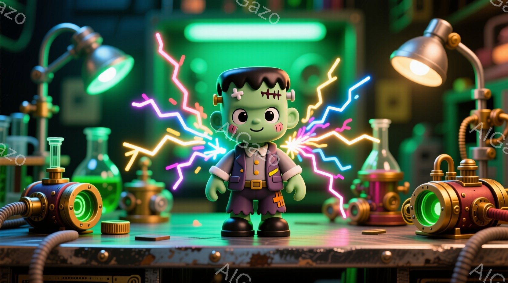 緑色の肌と黒い髪を持つ、かわいらしいフランケンシュタインのモンスターを描いています。彼はダークグリーンのスーツにオレンジ色のベルトを締め、少し困ったような表情をしています。背景には実験器具やフラスコが並び、紫と緑の照明が幻想的な雰囲気を作り出しています。