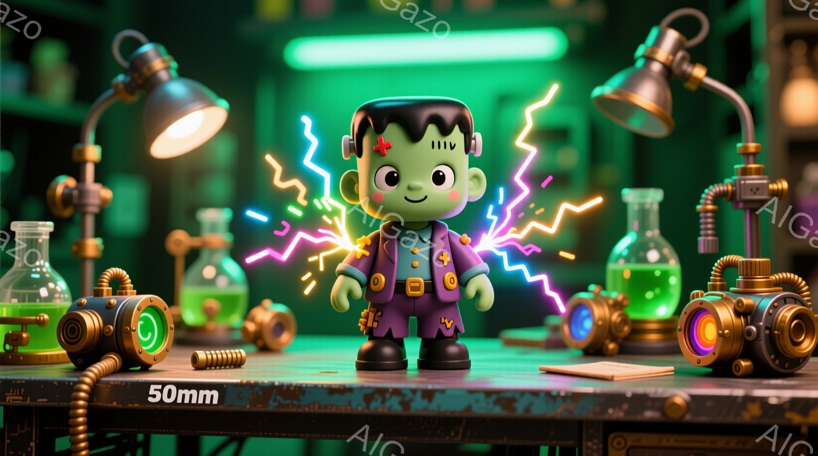小さなフランケンシュタインの怪物のようなキャラクターが描かれています。緑色の肌に黒髪、縫い目のある額、そして赤いジャケットとショートパンツを着ています。背景には、実験器具や試験管が配置され、全体的にレトロな科学実験室のような雰囲気で、電気の稲妻がキャラクターを囲んでいます。