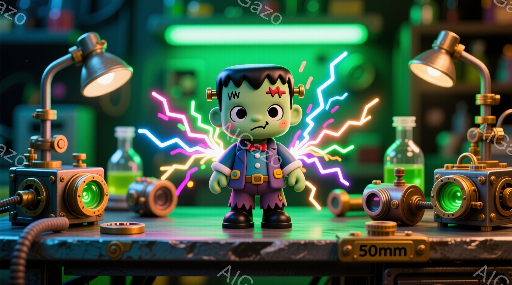 フランクenstein風の小さなキャラクターを描いています。彼は黒い髪、緑色の肌、そして縫い目のある顔をしています。彼は黒いジャケットと赤いシャツを着ており、両手を上げて電気のようなエネルギーを発している様子です。