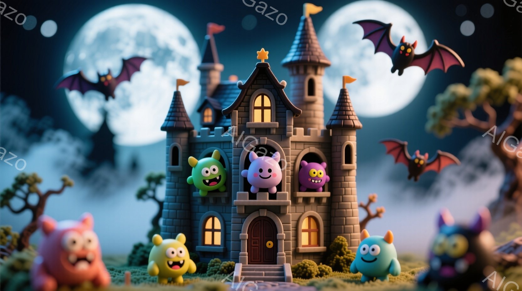 灰色の城を中心に、カラフルなモンスターたちが集まっています。モンスターたちはそれぞれ異なる色と表情を持ち、城の周りや前に立っています。背景には、霧のかかった木々と満月が二つ輝き、ハロウィンの夜のような - AI生成フリー素材