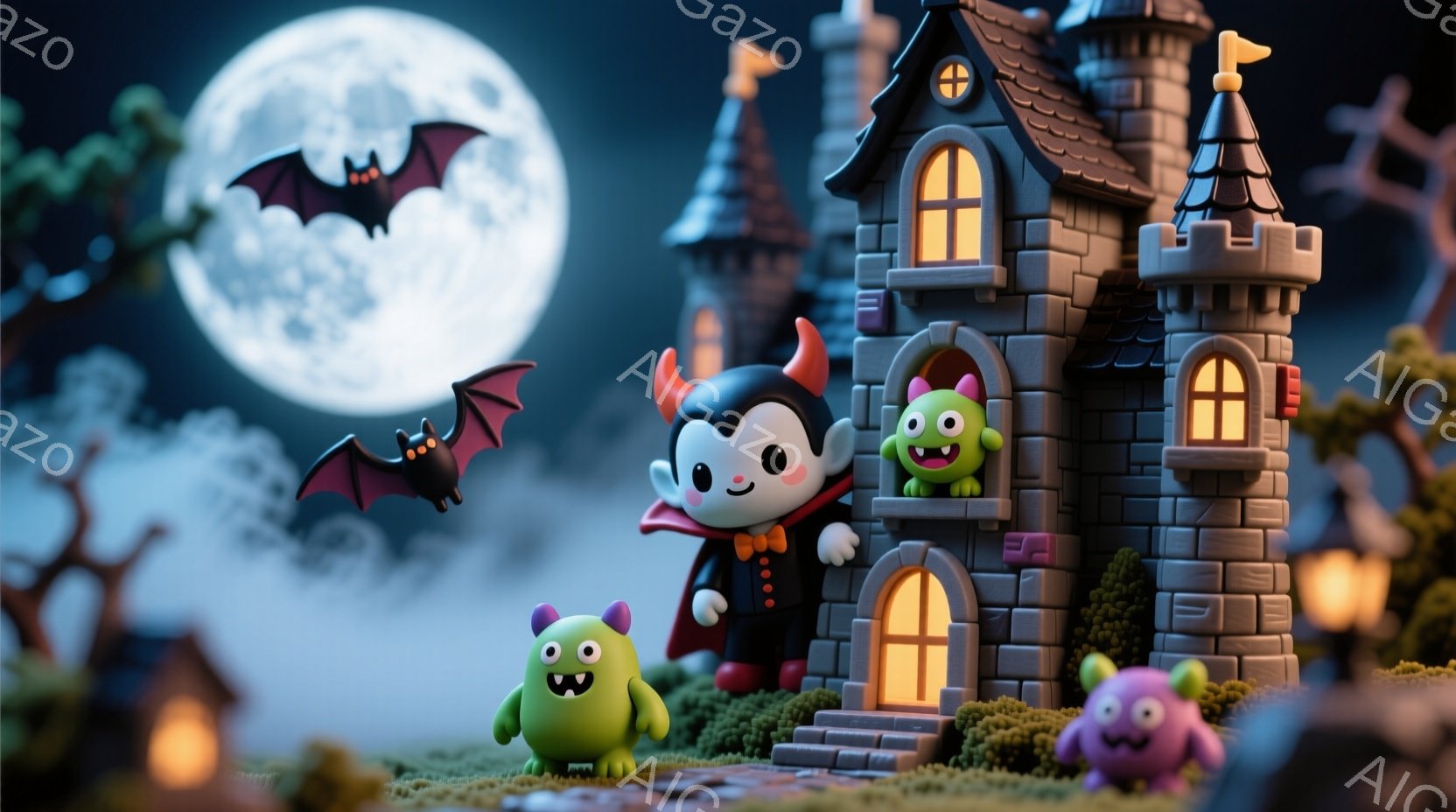 明るい満月を背景に、かわいらしいハロウィーンの光景が広がっています。吸血鬼の衣装を着た少女を中心に、緑色のモンスターたちが彼女の周りを囲んでいます。石造りの家と、苔むした地面、そして暗い夜空が、おとぎ話のような雰囲気を醸し出しています。