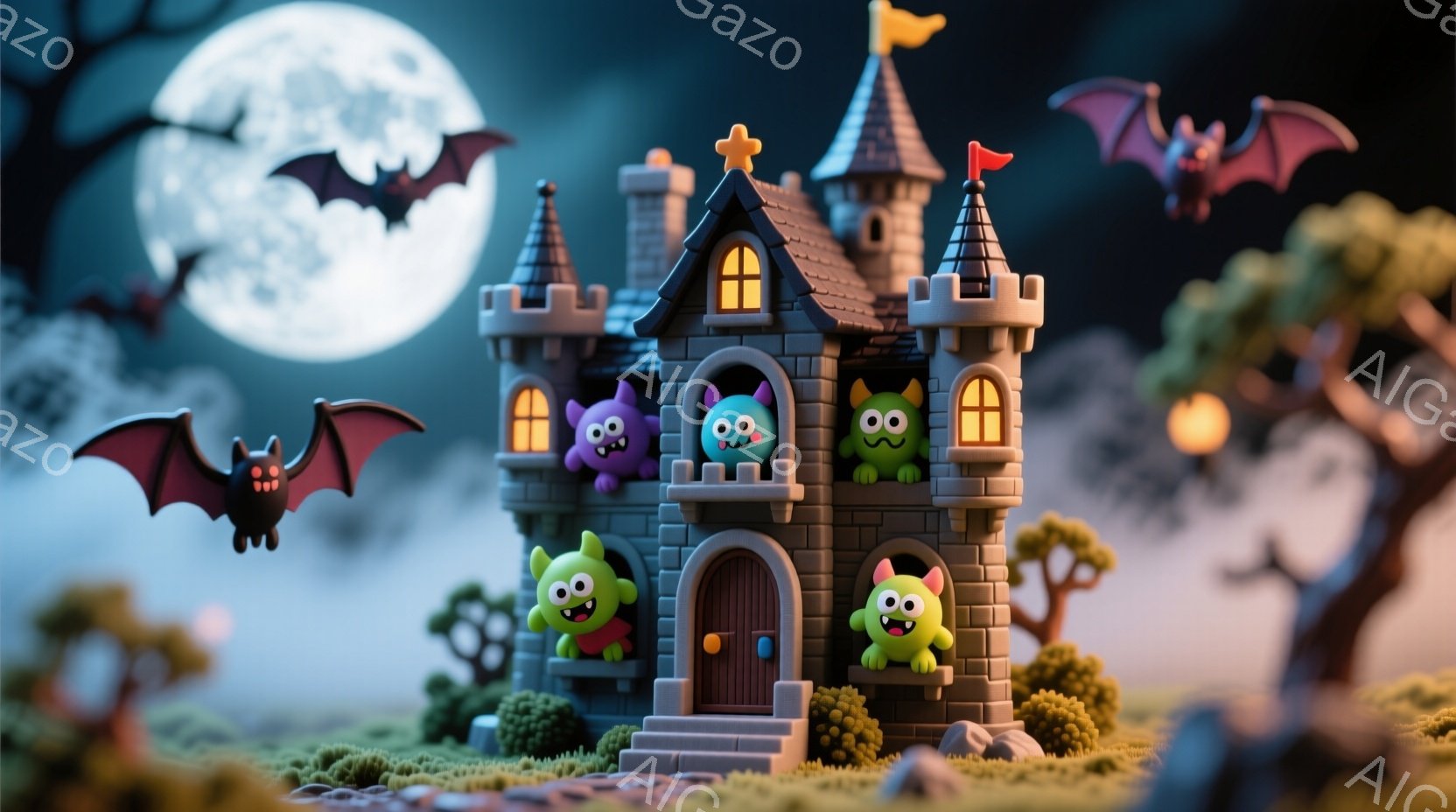 暗い夜空に浮かぶ満月を背景に、お化け屋敷のような小さな城が描かれています。緑、紫、黄色の可愛らしいモンスターたちが城の窓や入り口から顔を出し、楽しそうな表情を浮かべています。周囲には不気味な木々と霧が - AI生成フリー素材