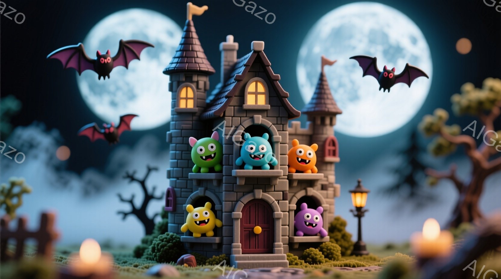 石造りの小さな城を中心に、可愛らしいモンスターたちが並んでいます。彼らはそれぞれ異なる色をしており、楽しそうな表情で城の周りに集まっています。背景には不気味な木々と満月が輝き、ハロウィーンの夜を思わせ - AI生成フリー素材