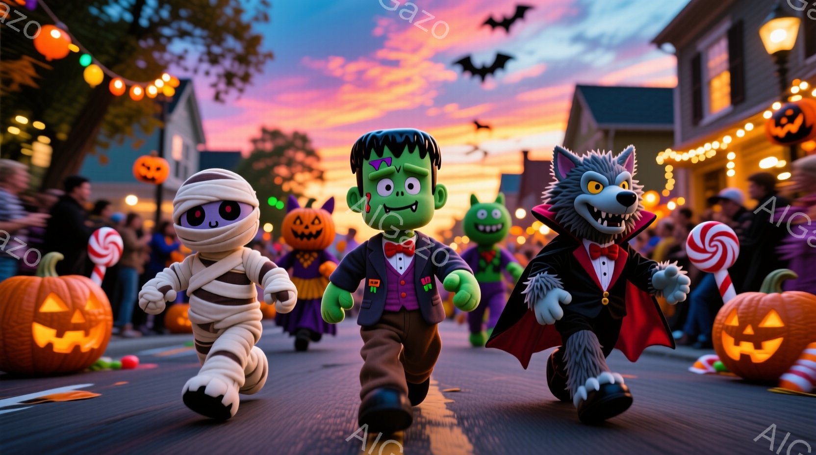 ハロウィーンの装飾が施された街並みを、ミイラ、フランケンシュタイン、狼男のキャラクターたちが走っている様子が描かれている。背景には、オレンジ色の提灯やカボチャ、そして夕焼け空が広がり、お祭り騒ぎの賑やかな雰囲気が漂っている。キャラクターたちはそれぞれハロウィーンらしい衣装を身につけ、楽しそうに走り回っている。
