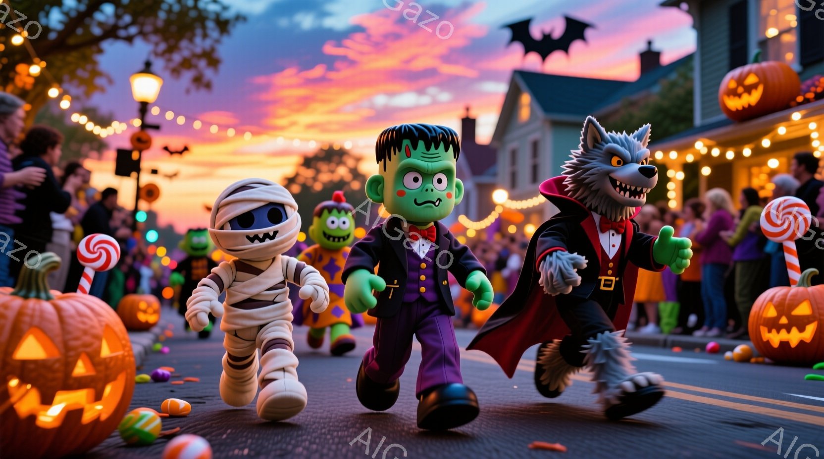 ハロウィーンの夜、ミイラ、フランケンシュタイン、狼男のキャラクターたちが楽しそうに歩道を走っている。背景には、かぼちゃのランタン、キャンディ、そして装飾された家々が並び、夕焼け空とハロウィーンらしい飾 - AI生成フリー素材