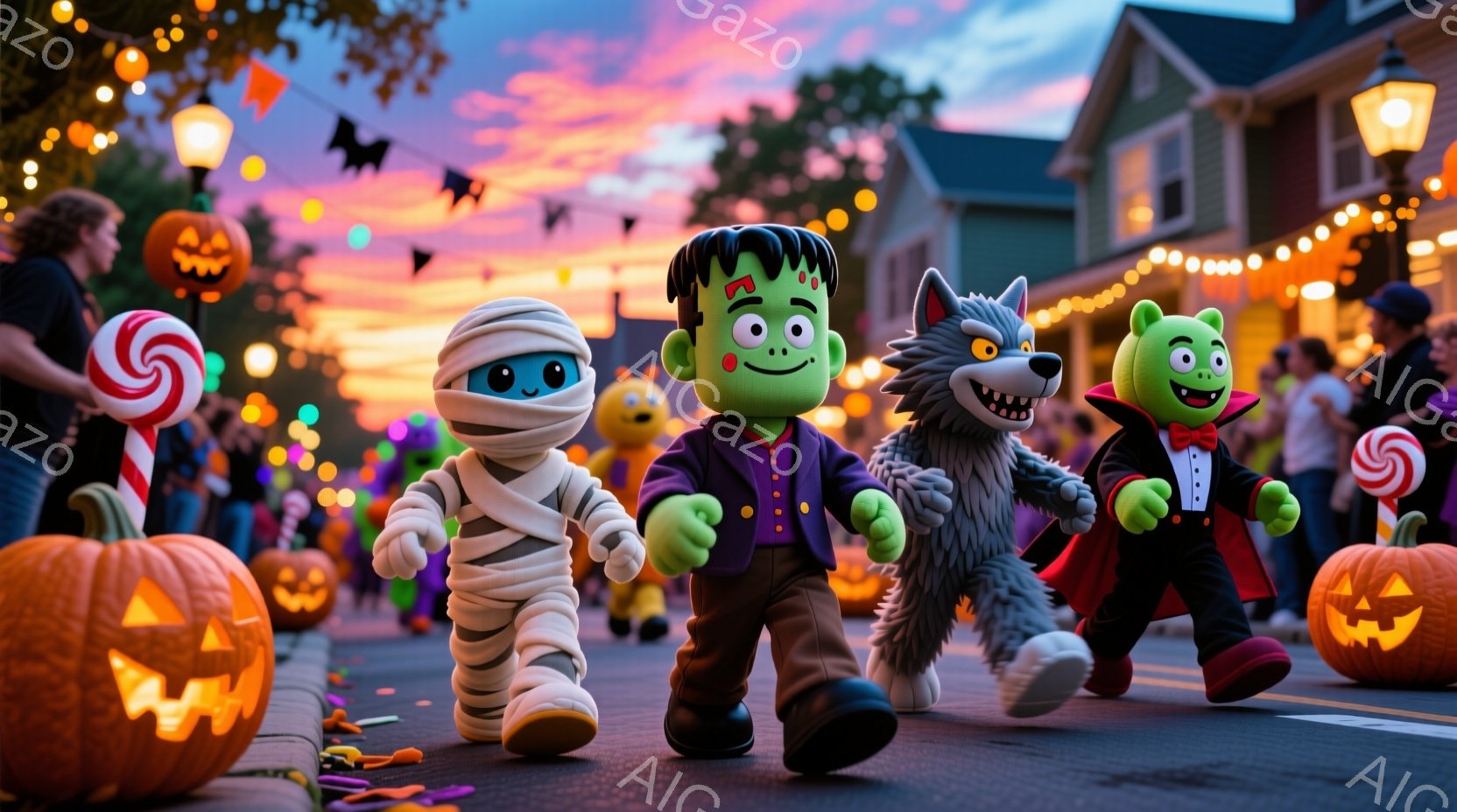 ハロウィーンの夜、ミイラ、フランケンシュタイン、狼男、ドラキュラ風のキャラクターたちが、賑やかな通りを歩いています。彼らは皆、陽気な表情で、それぞれ特徴的な衣装を着ています。背景には、ハロウィーンの装飾が施された家々が並び、夕焼け空が暖かく、お祭り気分を盛り上げています。