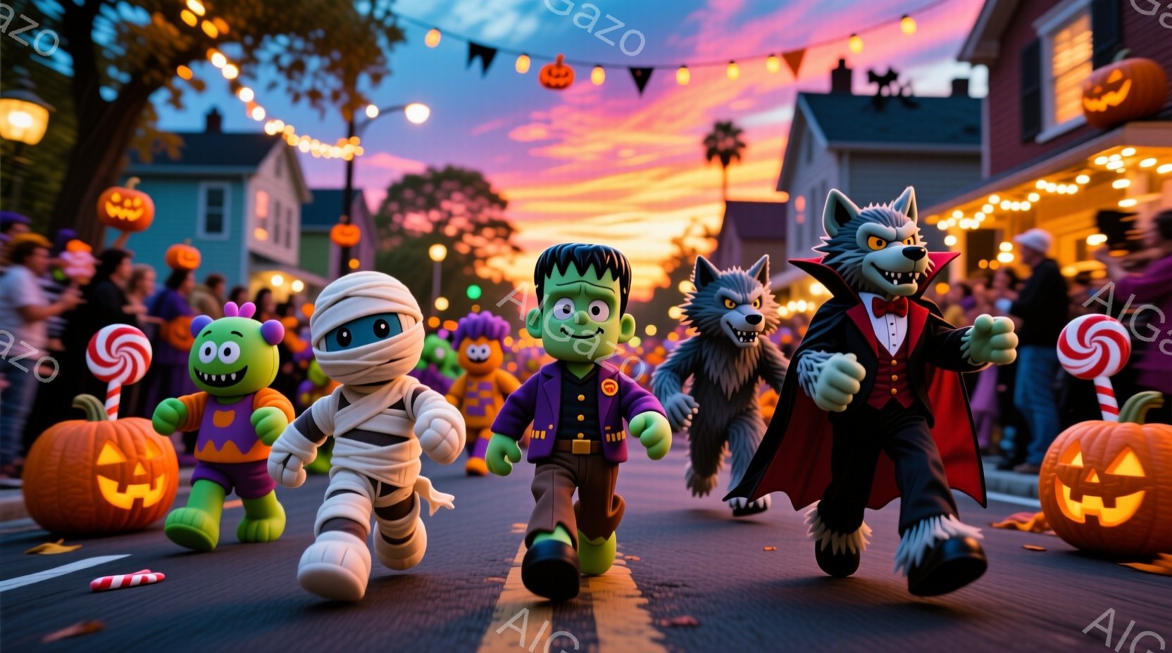 ハロウィーンの夜、フランケンシュタイン、ミイラ、狼男、そしてモンスターたちが通りを歩いている様子が描かれている。建物はカラフルで、通りにはカボチャやお菓子が散らばっており、夕焼け空とハロウィーンの飾り - AI生成フリー素材