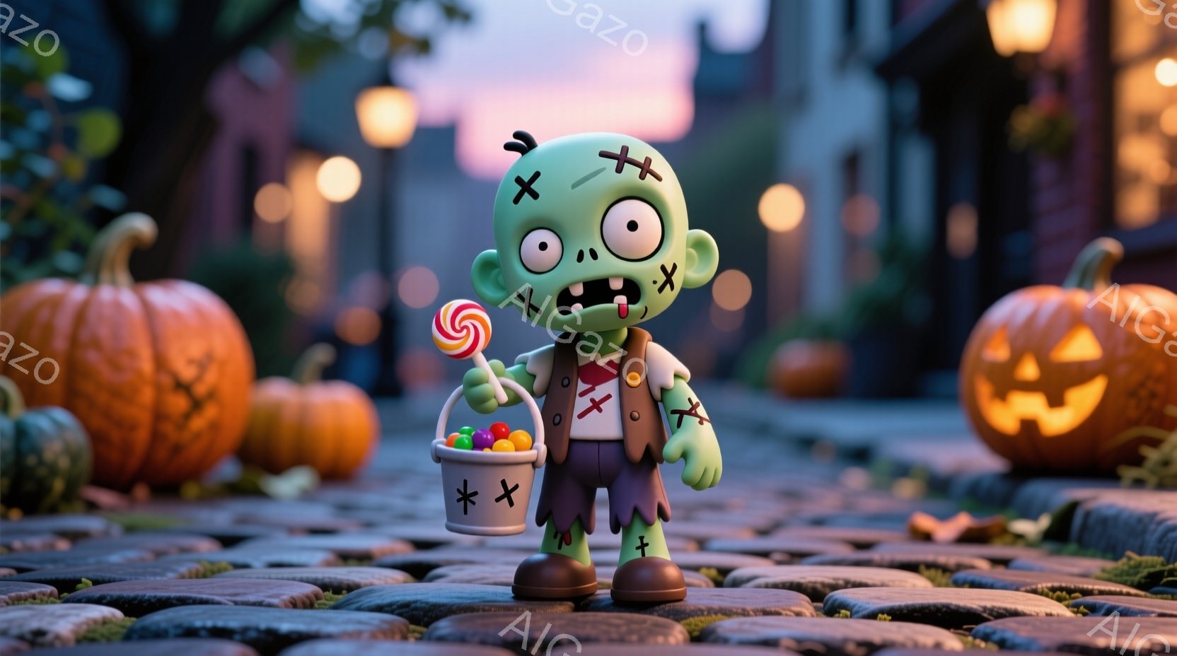不気味な緑色のゾンビのおもちゃが、ハロウィーンのお菓子が入ったバケツを持って立っています。ゾンビは大きな目、不気味な笑顔、そして体中に「X」の傷跡があります。背景には、ライトアップされたジャック・オー・ランタンや落葉、そしてぼやけた建物が並び、ハロウィーンの夜の雰囲気です。