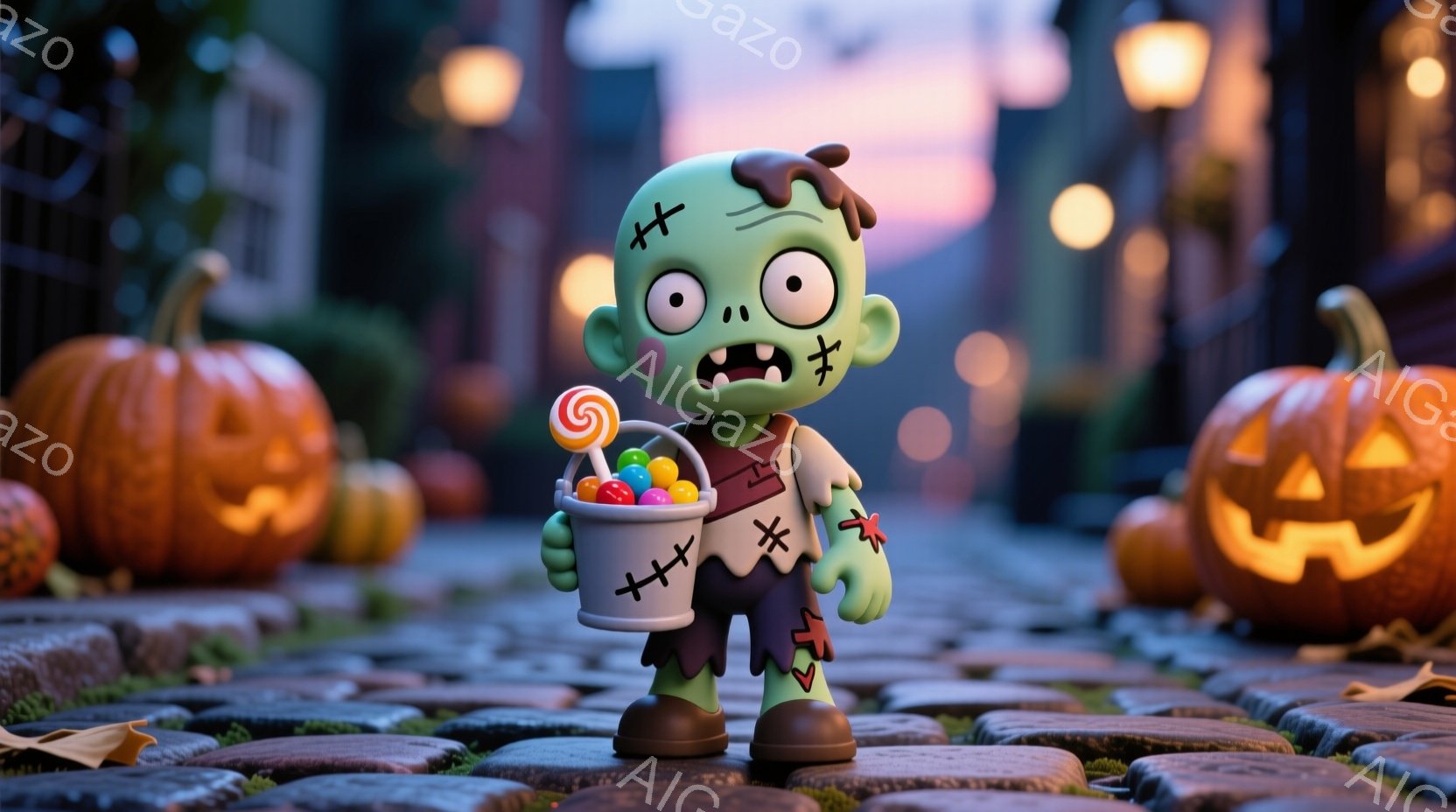 明るい緑色のゾンビが、オレンジ色のバケツを片手に持っており、バケツの中にはカラフルなキャンディが入っています。ゾンビはステッチで縫われた傷跡があり、顔は青白く、少し不気味な表情をしています。背景には、ハロウィーンの飾りであるカボチャが置かれ、石畳の道と、ぼんやりとした建物のシルエットが見え、少し薄暗い夜の雰囲気を作り出しています。