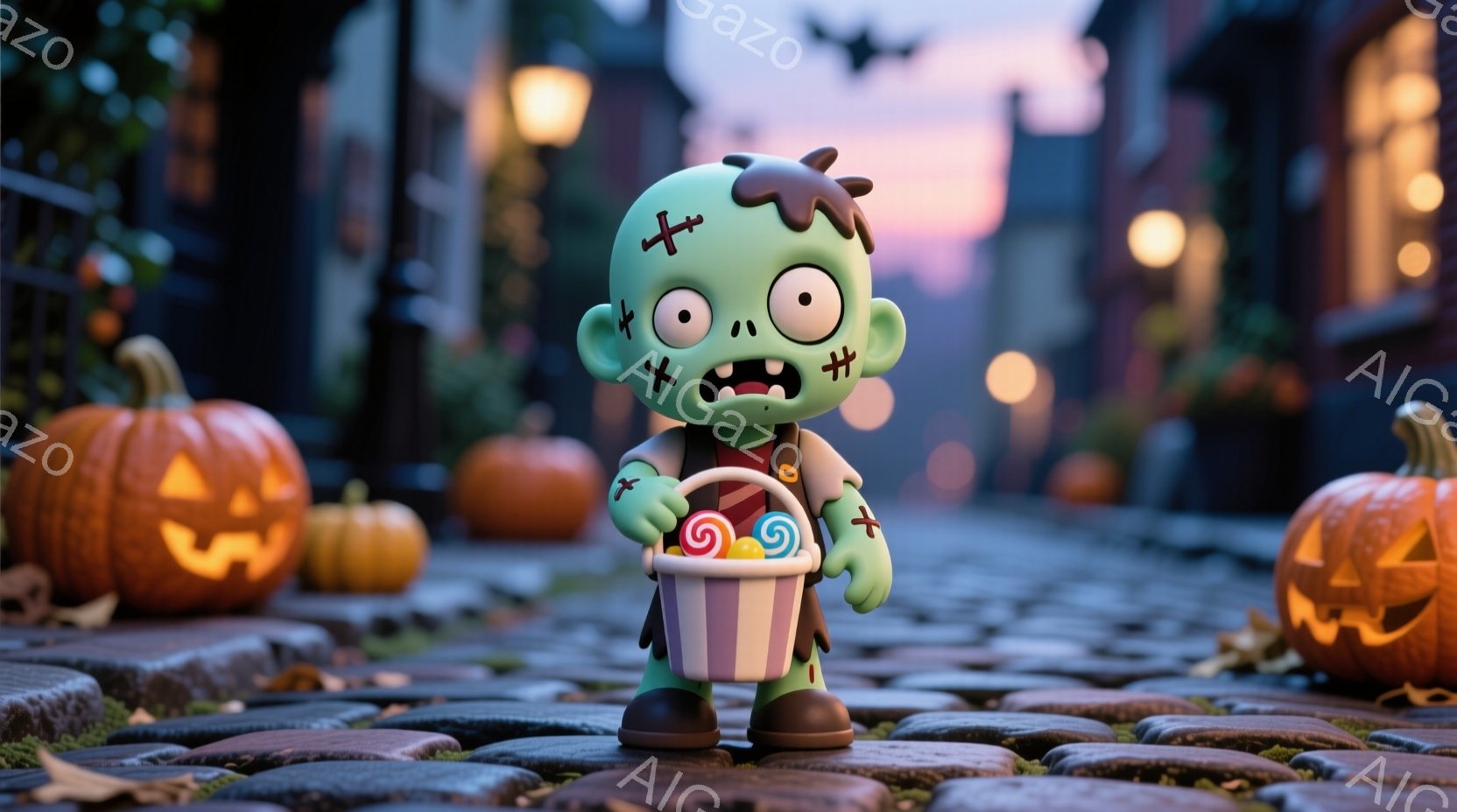 緑色のゾンビが、レンガ造りの道の上に立っており、お菓子を入れるバケツを持っています。ゾンビは大きな目、クロス状の傷跡、そして少し不気味な笑顔を浮かべています。背景には、ハロウィーンのランタンが灯った家 - AI生成フリー素材