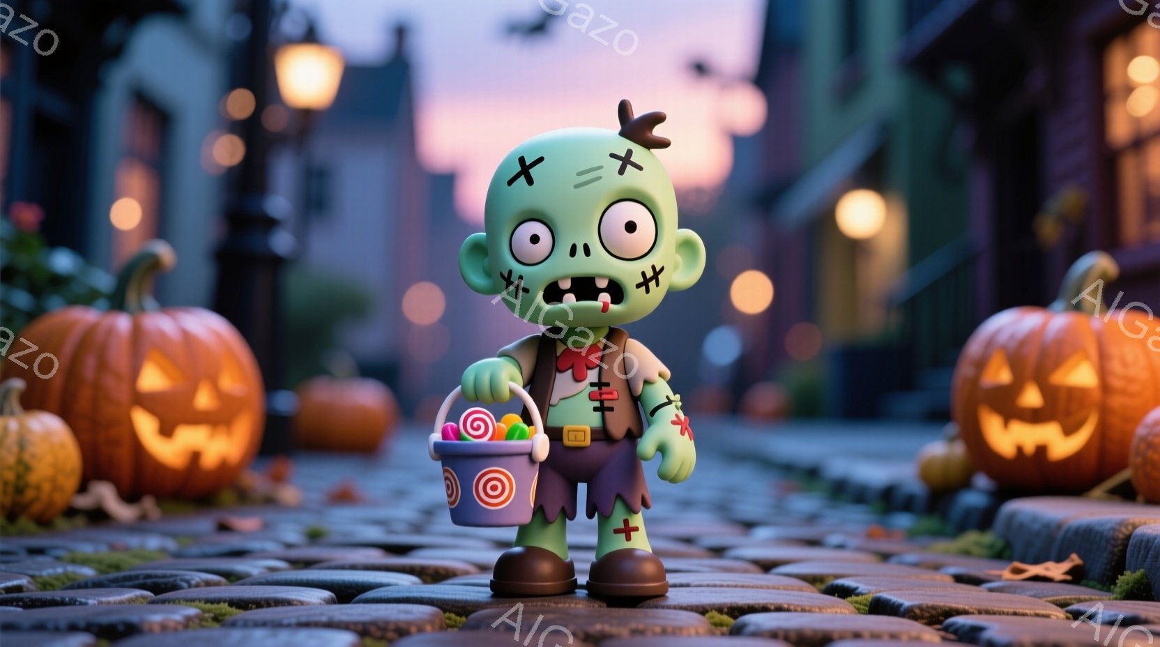 緑色のゾンビが、ハロウィーンのキャンディーが入ったバスケットを持って立っています。 彼はパッチワークの服を着ており、顔には傷跡があり、不気味ながらも可愛らしい表情をしています。 背景には、灯りのついたジャック・オー・ランタンや古い建物が並び、ハロウィーンの夜の不気味で楽しい雰囲気を醸し出しています。