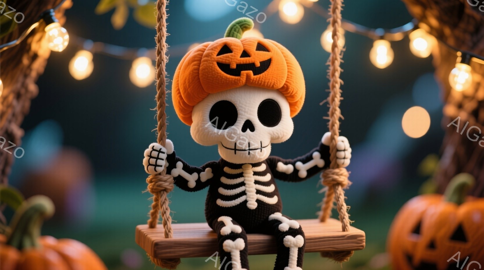 骨組みとカボチャの頭を持つ、編みぐるみのようなキャラクターが、麻紐で吊るされた小さなブランコに座っています。その表情は可愛らしく、腕を広げてリラックスしたポーズをとっています。背景には、ぼやけたオレンジ色のカボチャと、暖かい光を放つ電球が散りばめられ、ハロウィンのような楽しい雰囲気を醸し出しています。