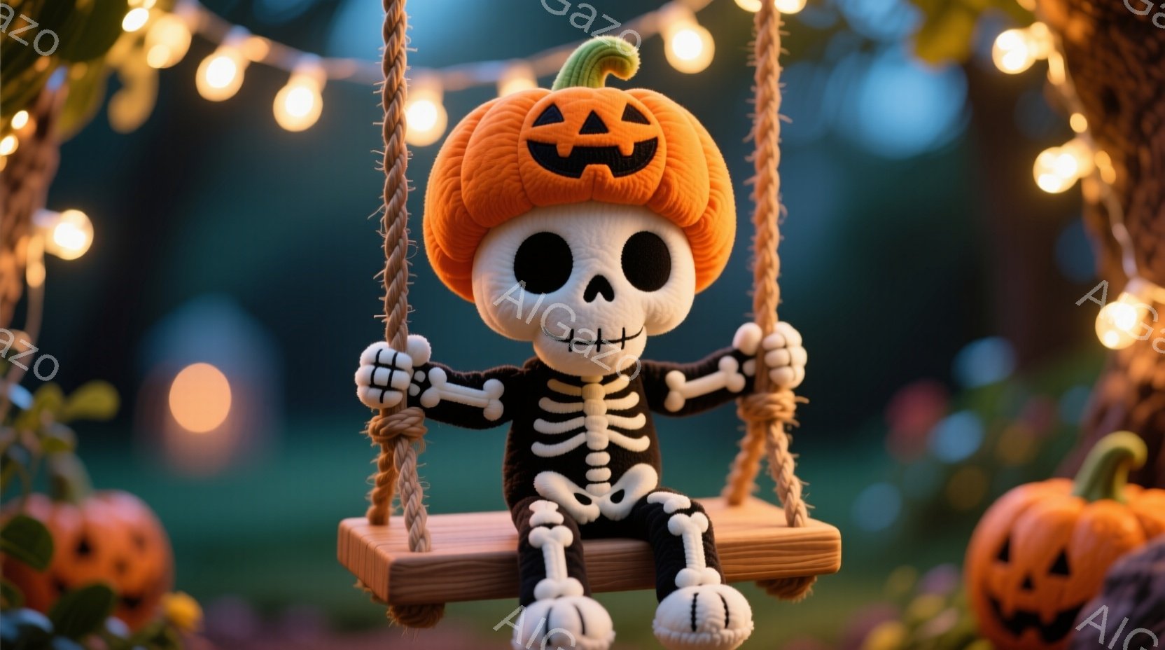 骨格の衣装を着た、頭がカボチャのキャラクターがブランコに乗っています。キャラクターは少し微笑んでおり、リラックスした姿勢でブランコを握っています。背景にはぼやけた緑の植物と、暖かい光を放つハロウィーンの装飾のカボチャと提灯があり、お祝いムードを醸し出しています。