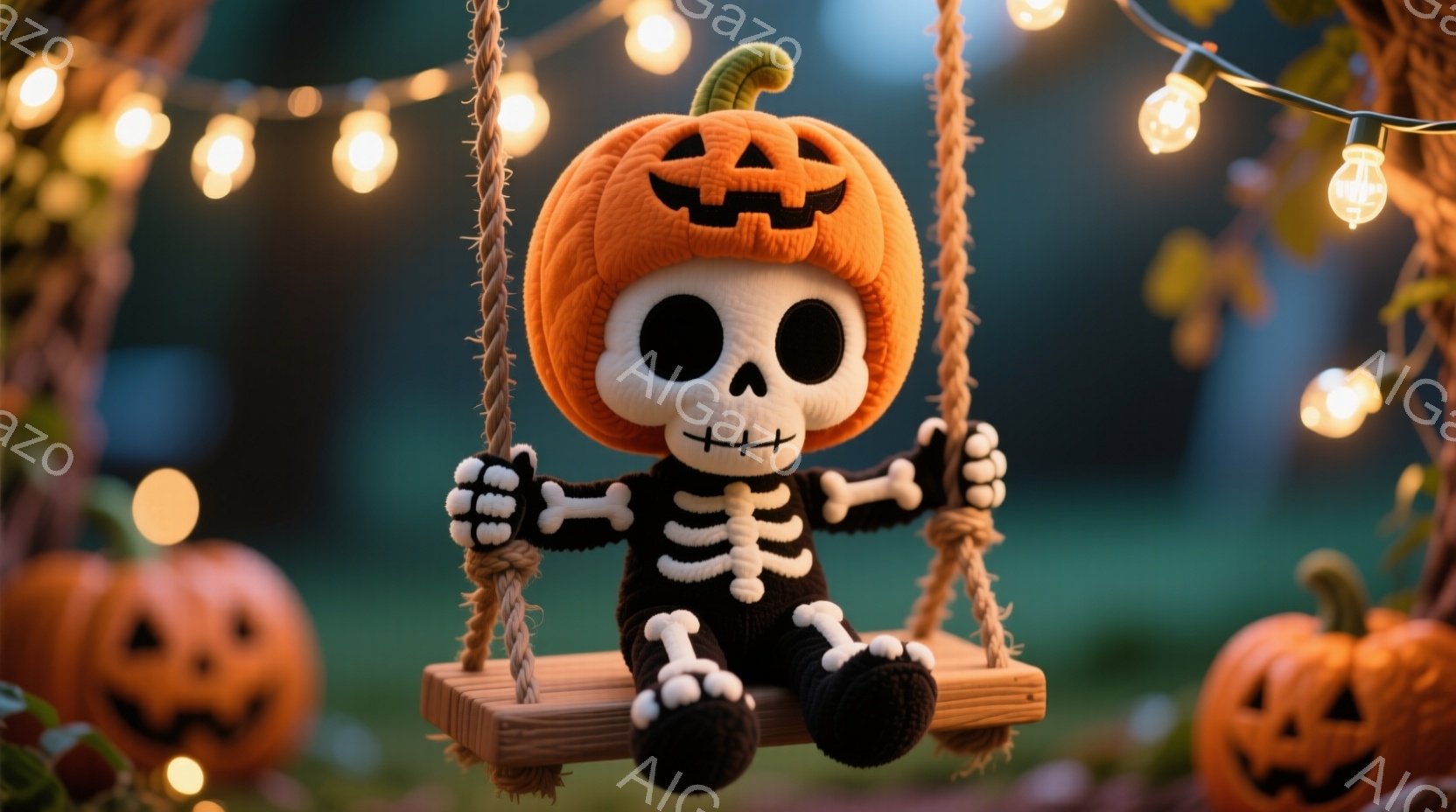 ハロウィーンの装飾が施された背景に、かぼちゃの頭をした可愛らしいスケルトンがブランコに乗っている様子が描かれています。スケルトンは黒いセーターとズボンを身に着け、ブランコのロープをしっかりと握り、穏やかな表情をしています。背景には他のカボチャのランタンが配置され、全体的に暖かく、遊び心のあるハロウィーンの雰囲気を醸し出しています。