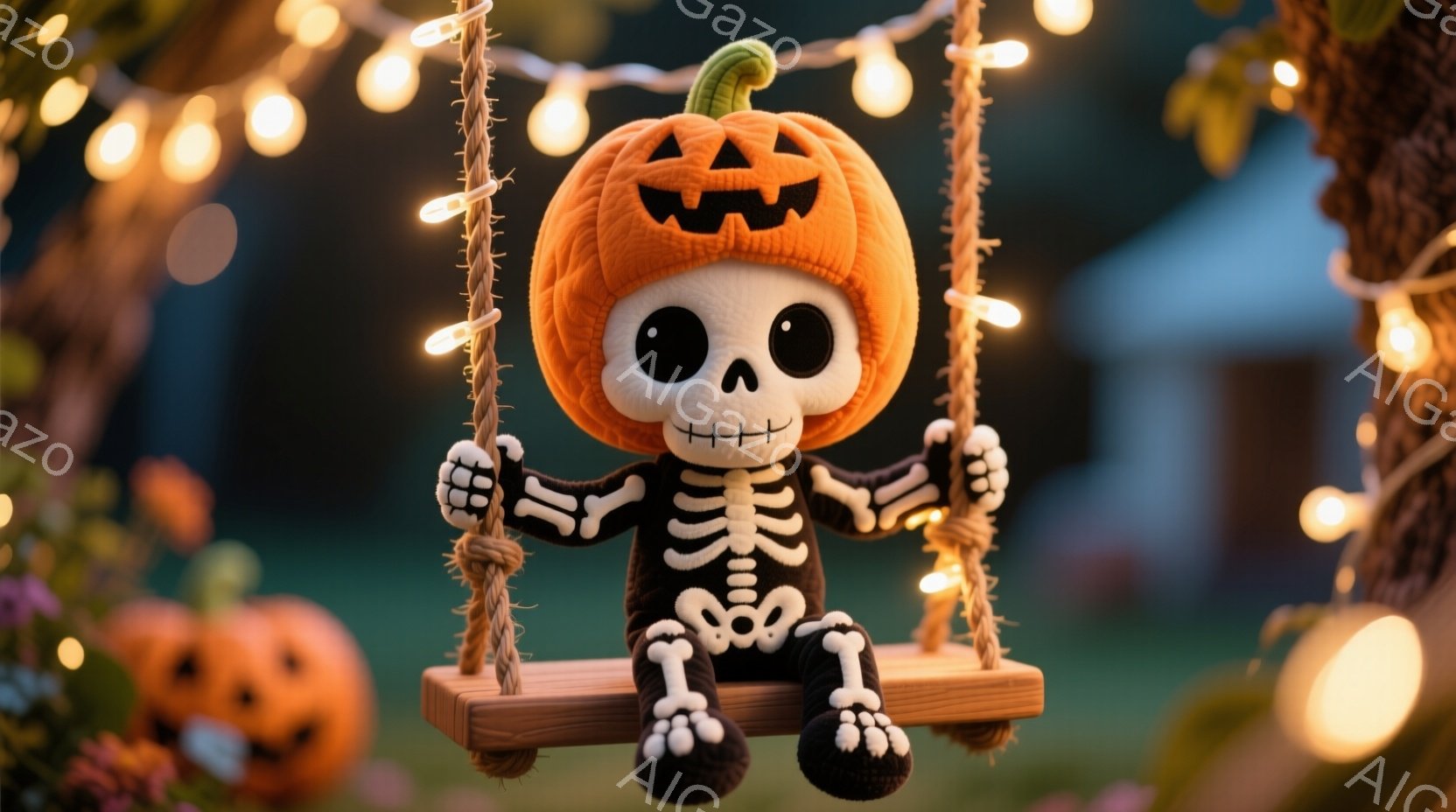 かぼちゃの頭をした小さなスケルトンが、庭のブランコに座っています。黒いストライプの入った可愛らしいかぼちゃの帽子をかぶり、骨の模様のオーバーオールを着ています。背景には、ぼんやりと見える建物、緑の植物、そして暖かい光のイルミネーションがあり、お祝いのハロウィーンの雰囲気を醸し出しています。