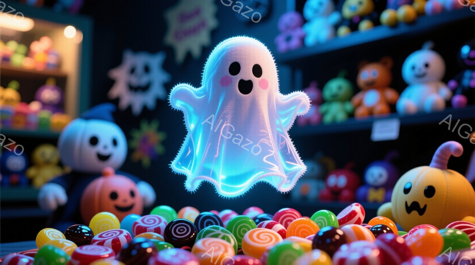 明るいキャンディの山の上に、光る青い幽霊が浮かんでいます。背景には、さまざまな表情をしたパンプキンのおもちゃや、カラフルなキャンディが並べられています。ハロウィーンの楽しげで夢幻的な雰囲気が漂っています。
