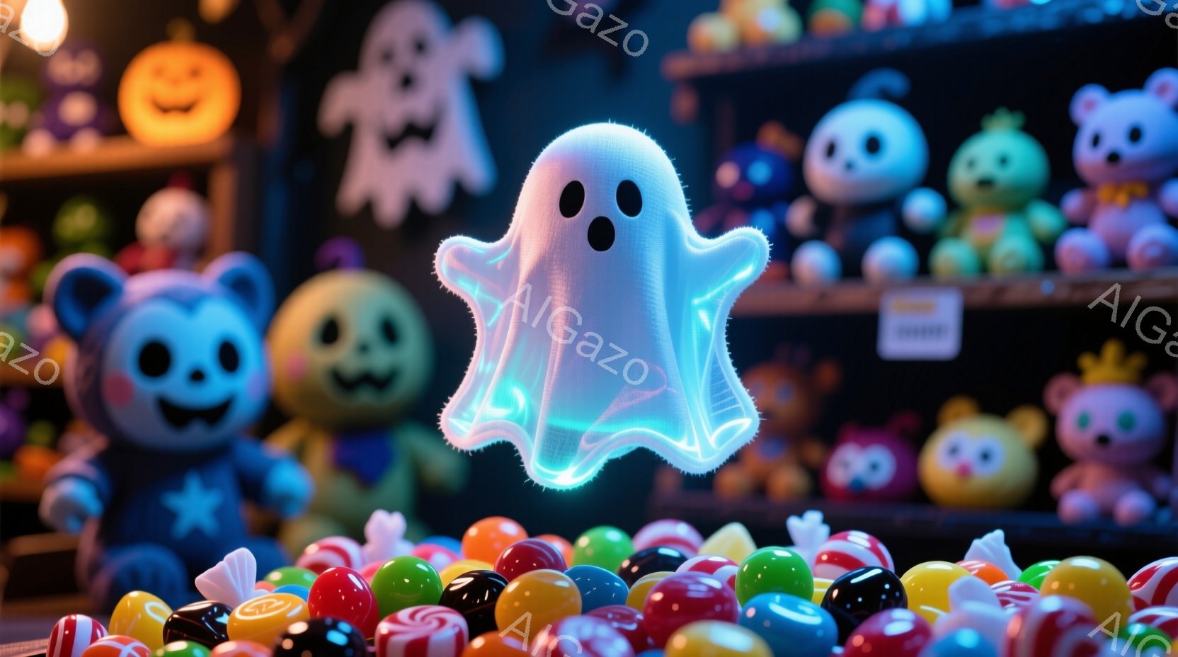 カラフルなキャンディーが敷き詰められた上に、光を放つ青い幽霊が浮かんでいます。背景には、様々な表情のハロウィーンのキャラクターのおもちゃが並び、明るいオレンジ色のカボチャが飾られています。全体的に、遊び心にあふれ、お祭り気分を盛り上げる、楽しい雰囲気の画像です。