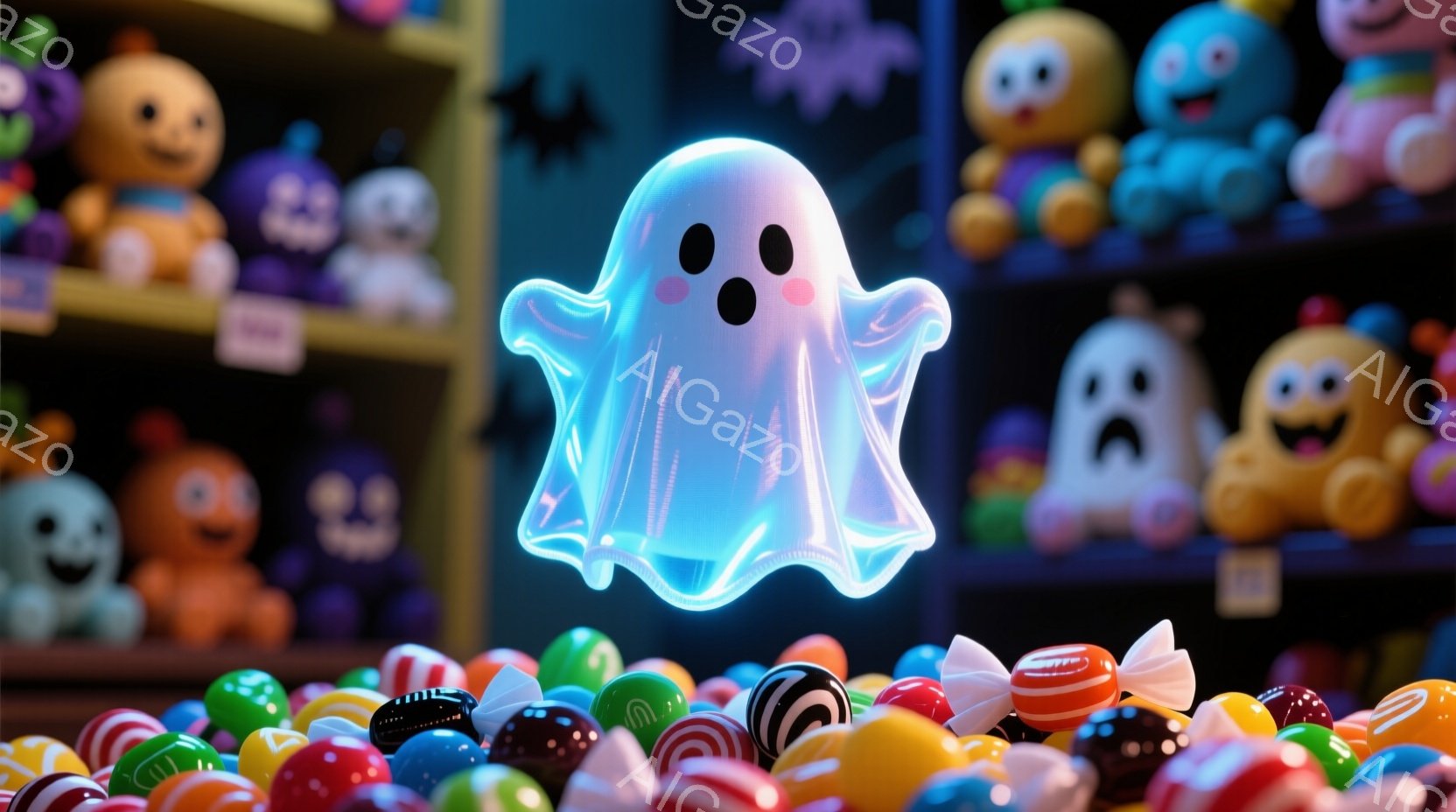 鮮やかなキャンディーの山の上に、光を放つ青いお化けが浮かんでいます。背景には、様々な表情をした可愛らしいジャック・オー・ランタンが並び、ハロウィーンのお祭りやキャンディーショップのような賑やかな雰囲気を醸し出しています。全体的に明るく、ポップで楽しい、お菓子がいっぱいのハロウィーンの夜を思わせるイラストです。