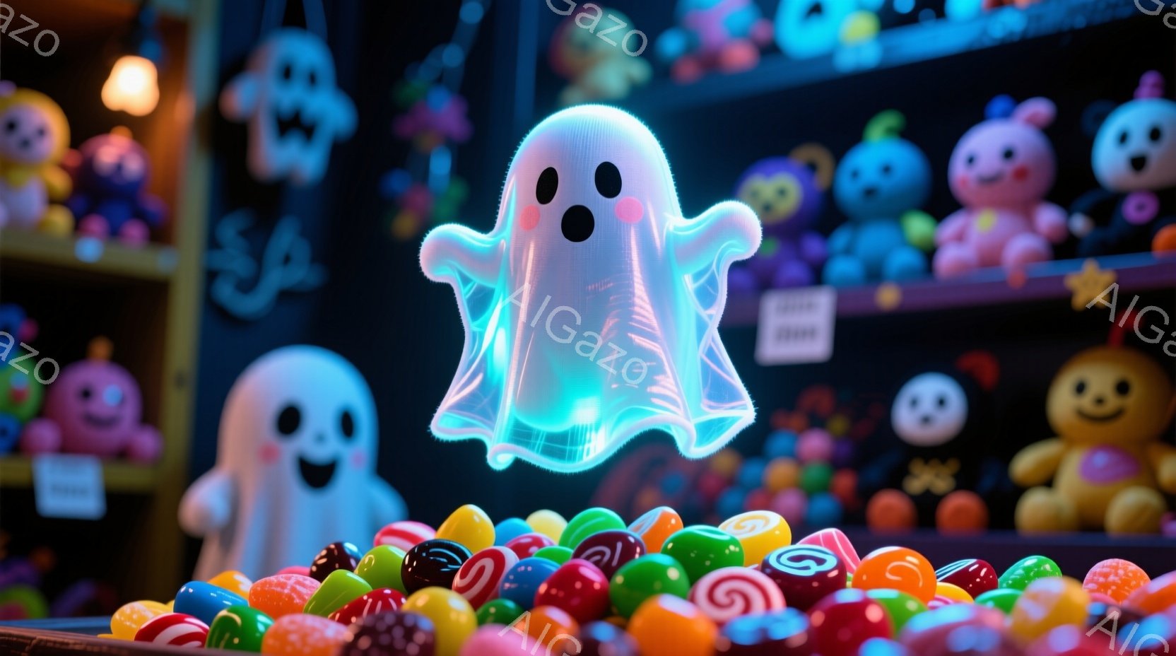 カラフルなキャンディーの山の上に、光る青いお化けが浮かんでいます。背景には、様々な表情のお化けやカボチャのぬいぐるみ、そして暗い空間に浮かぶ小さな光が並んでいます。全体的に、ハロウィーンの楽しいお菓子がテーマの、可愛らしく幻想的な雰囲気です。