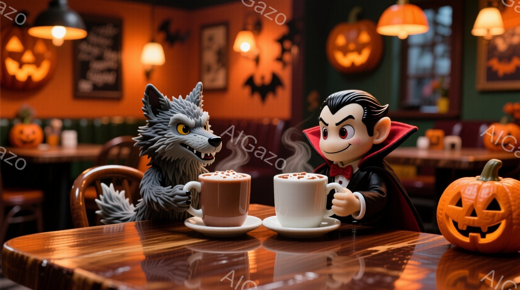 狼男と吸血鬼がカフェのテーブルでコーヒーを飲んでいます。狼男は灰色の毛並みで、少しいたずらっぽい表情をしています。吸血鬼は黒いスーツに赤いマフラー、整髪された黒髪で、少し微笑んでいるようです。