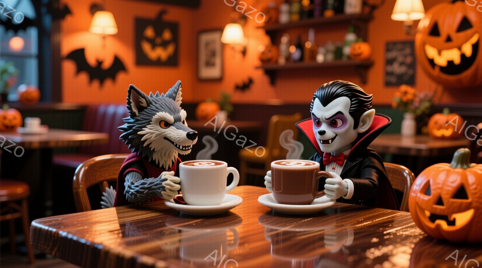 狼男と吸血鬼のキャラクターが、暖炉のあるカフェでコーヒーを飲んでいる様子が描かれています。狼男は赤いシャツを着ており、吸血鬼は黒いスーツと赤いリボンタイを着用し、それぞれコーヒーカップを持ってリラックスした表情をしています。背景にはハロウィーンの装飾であるカボチャやコウモリが飾られ、全体的に温かく、お祝いムードに満ちた雰囲気です。