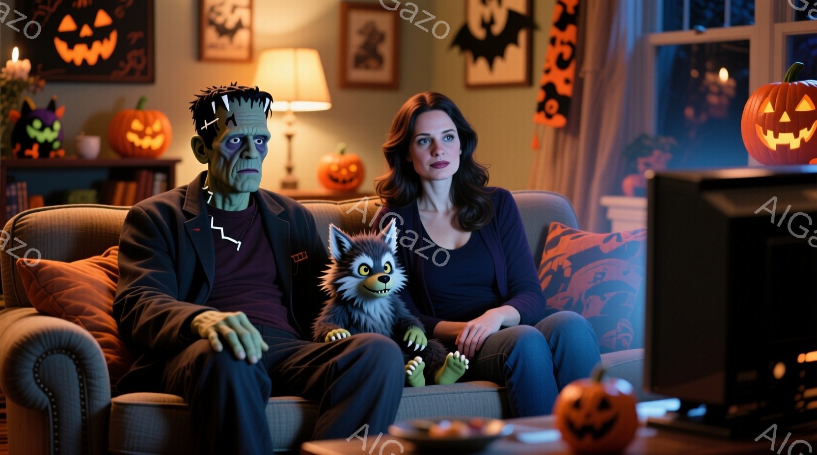 ソファにフランケンシュタイン、女性、そして狼男のような犬が座っています。フランケンシュタインは紫色のシャツを着ており、女性は濃い青色の服を着ています。背景にはハロウィーンの装飾が施された部屋が広がっており、全体的に温かく、少しユーモラスな雰囲気が漂っています。