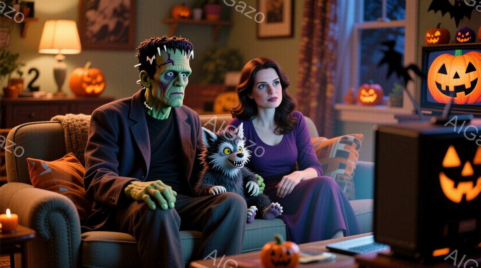 ソファにフランケンシュタインの怪物、女性、そして子犬が座っています。怪物は黒いスーツを着ており、女性は紫色のセーターを着ています。背景にはハロウィーンの飾り付けが施されたリビングルームがあり、暖かく、お祝いの雰囲気です。