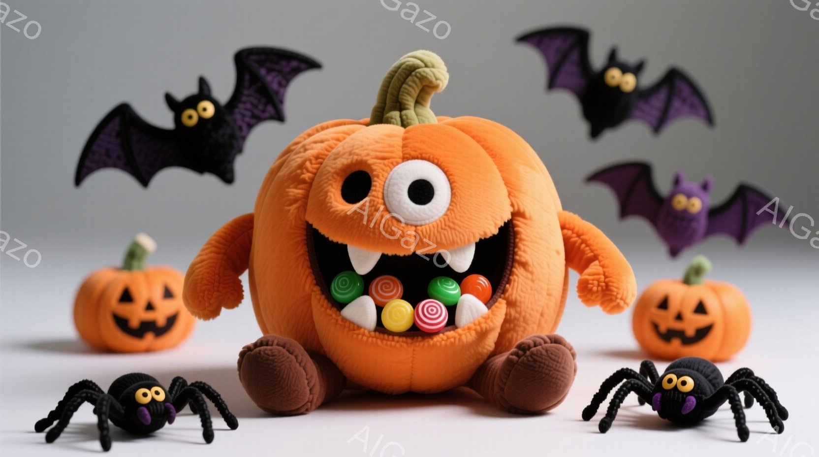 明るいオレンジ色の大きなカボチャのぬいぐるみを中心に、ハロウィーンの装飾が配置されています。カボチャのぬいぐるみは大きく口を開け、中にカラフルなキャンディーが入っており、コミカルで陽気な表情をしています。背景は白く、黒いコウモリや蜘蛛の置物がハロウィーンの雰囲気を盛り上げています。