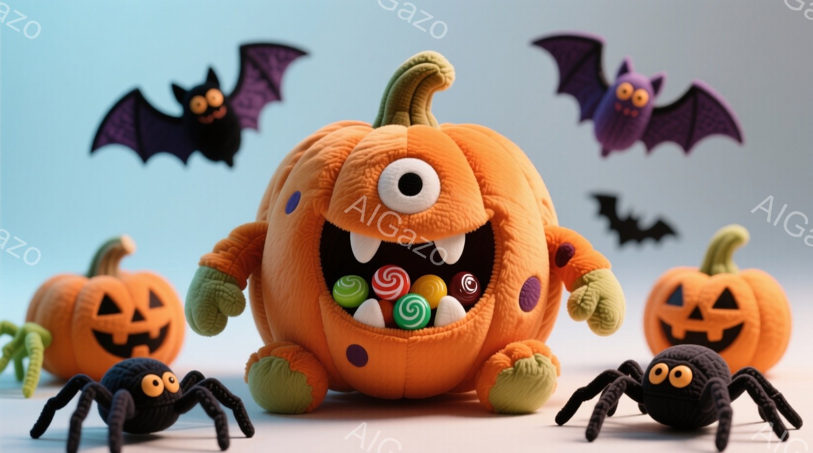 オレンジ色の可愛らしいハロウィンモンスターが、キャンディーで満たされた大きな口を開けています。周りには、小さくて笑っているジャック・オー・ランタンと、黒いクモが数匹配置され、背景には紫色のコウモリが飛んでいます。全体的に明るく、お祝いムード満点のハロウィンの雰囲気です。