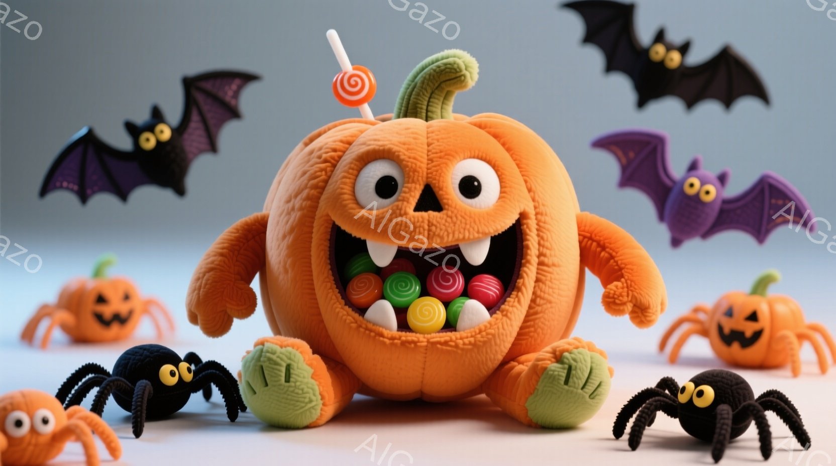 明るいオレンジ色の、ふっくらとしたカボチャのおもちゃが中央に座っており、口を大きく開けてカラフルなキャンディをたくさん含んでいます。周りには小さなカボチャと黒い蜘蛛のおもちゃが散らばり、上空には紫色のコウモリが舞っています。背景は水色で、ハロウィーンらしい楽しい雰囲気を醸し出しています。