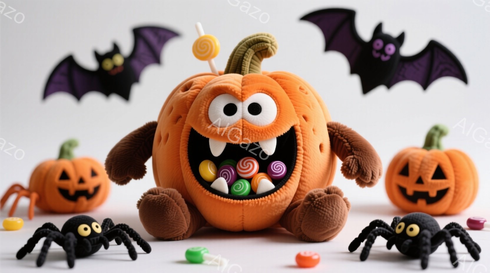 明るいオレンジ色の大きなカボチャのぬいぐるみを中心に、ハロウィーンの装飾が配置されています。カボチャのぬいぐるみは口を開けてカラフルなキャンディーをたくさん含んでおり、周りには黒いクモのおもちゃと、不気味な表情をした小さなカボチャが散らばっています。背景は白く、上にはコウモリのシルエットが浮かび、お祭り気分を盛り上げています。